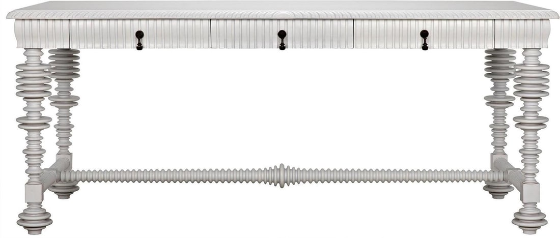 Portuguese Traditional White Mahogany Desk with Brass Pulls: Portuguese Traditional White Mahogany Desk with Brass Pulls This elegant white mahogany desk from Portugal is a stunning addition to any workspace. Crafted in the Portuguese Traditional Style, it feat