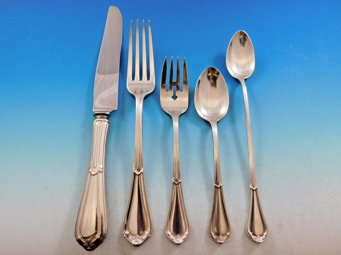 Dominick & Haff La Salle Sterling Silver Flatware Set 63 Pcs with Storage Chest: Dominick & Haff La Salle Sterling Silver Flatware Set 63 Pcs with Storage Chest Presenting the exquisite La Salle flatware set by Dominick and Haff, crafted from high-quality sterling silver. This ele