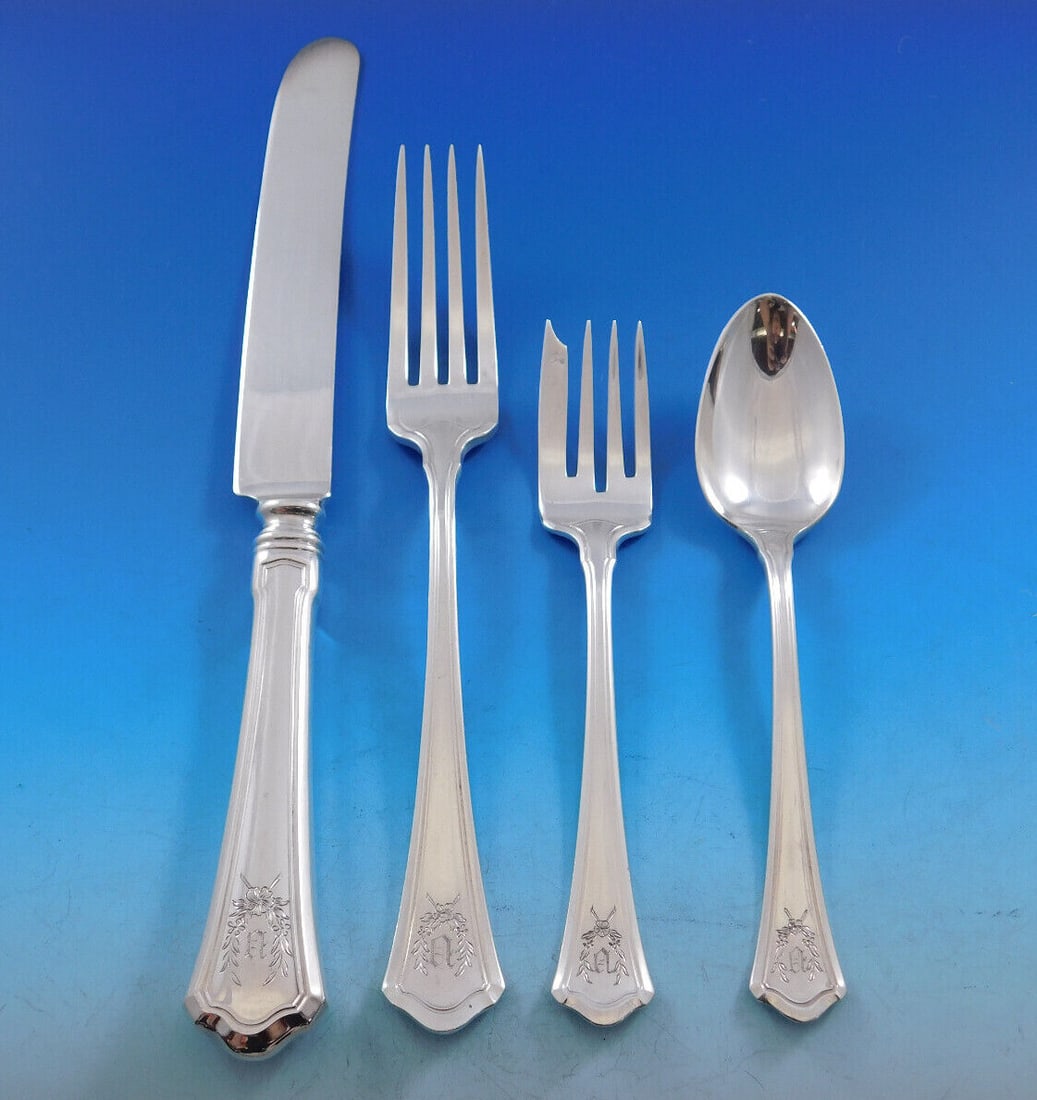 Wallace Custis Sterling Silver Flatware Set 49 pcs for 12 with V Monogram: Wallace Custis Sterling Silver Flatware Set 49 pcs for 12 with V Monogram This exquisite Custis by Wallace Sterling Silver Flatware Set features a total of 49 pieces, perfect for serving dinner to up