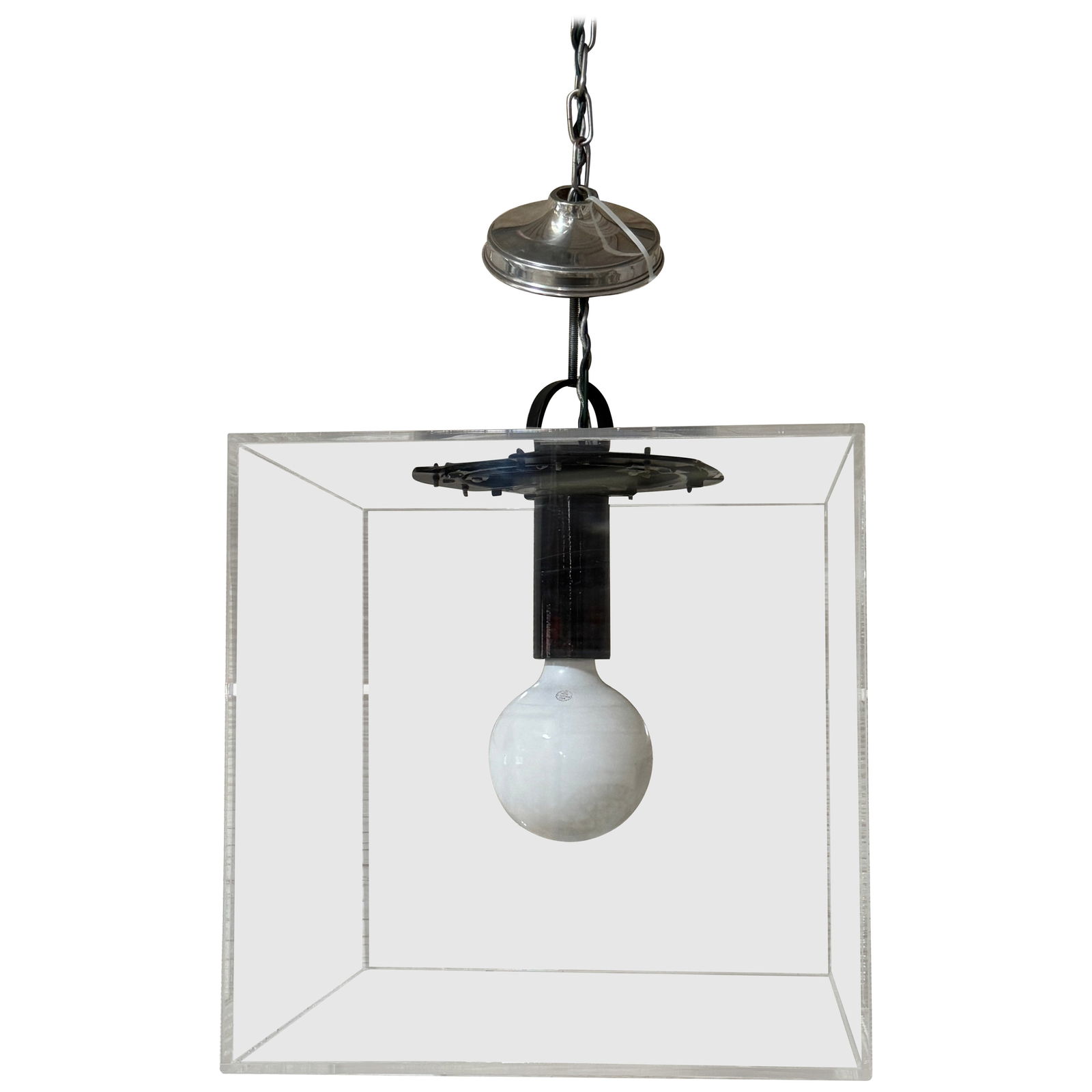 1970s Modern 16 Inch Cube Lucite Chandelier Blackened Metal: 1970s Modern 16 Inch Cube Lucite Chandelier Blackened Metal This modern 16-inch cube minimalist Lucite chandelier is a stunning example of mid-century modern design, crafted in the USA during the 1970
