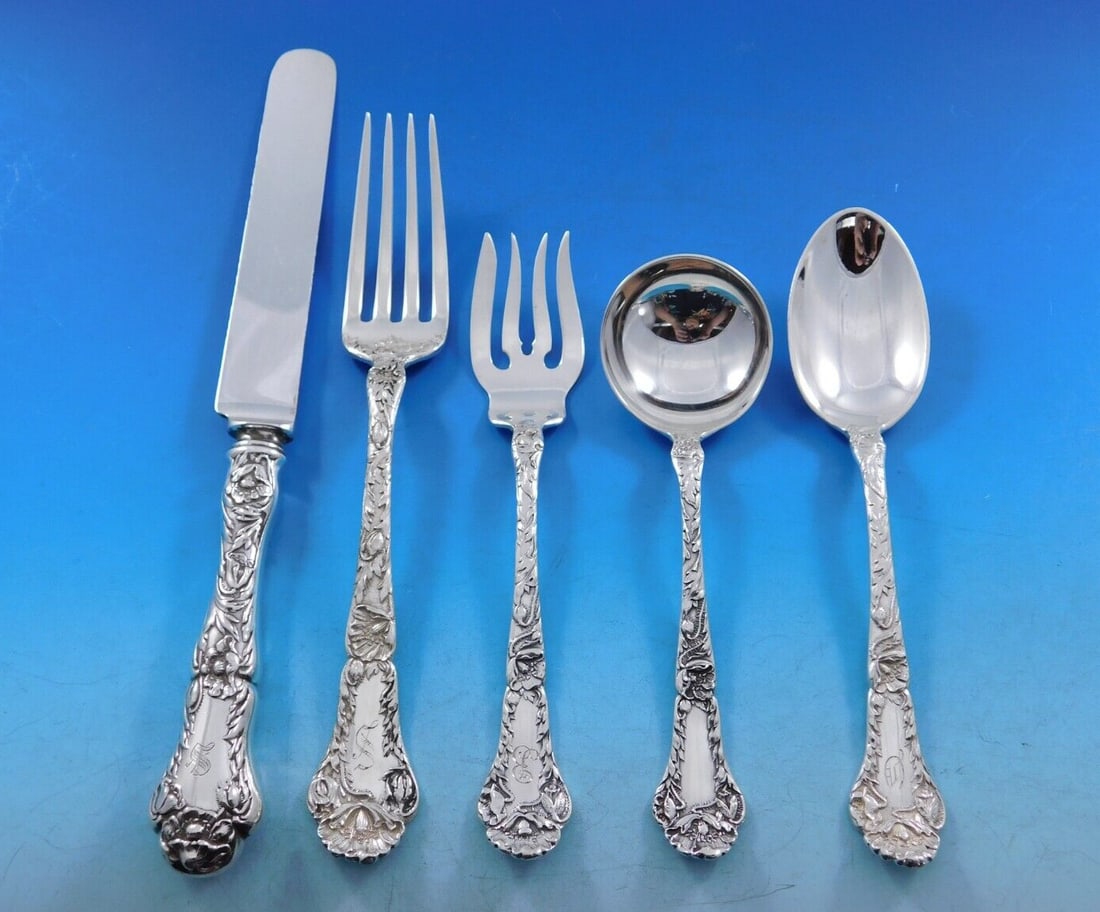 Gorham Poppy Sterling Silver Flatware Set 62 Pieces for 12 Guests: Gorham Poppy Sterling Silver Flatware Set 62 Pieces for 12 Guests Elevate your dining experience with the exquisite Poppy by Gorham Sterling Silver Flatware Set, crafted between 1900 and 1940. This el