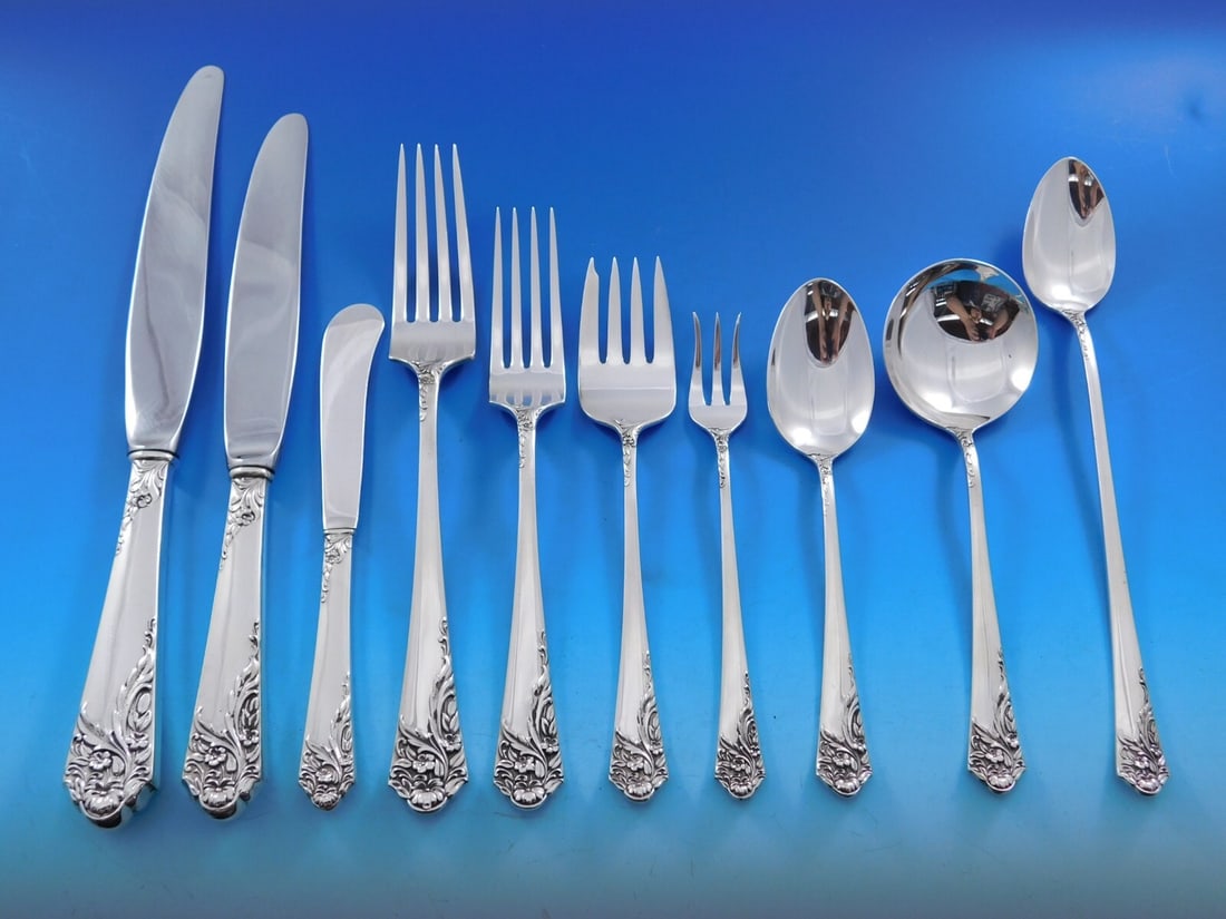 Amston Ecstasy Sterling Silver Flatware Set for 8 85 Pieces with Storage Chest: Amston Ecstasy Sterling Silver Flatware Set for 8 85 Pieces with Storage Chest Elevate your dining experience with the Ecstasy by Amston Sterling Silver Flatware Set, meticulously crafted for a servic