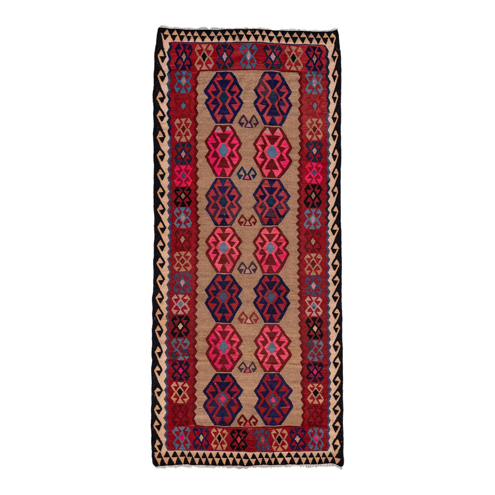 Vintage Handmade Wool Kilim Runner Beige Geometric 4'9 x 11'1: Vintage Handmade Wool Kilim Runner Beige Geometric 4'9 x 11'1 Enhance your space with this stunning vintage kilim handmade wool runner. Featuring a sophisticated beige field adorned with an intricate