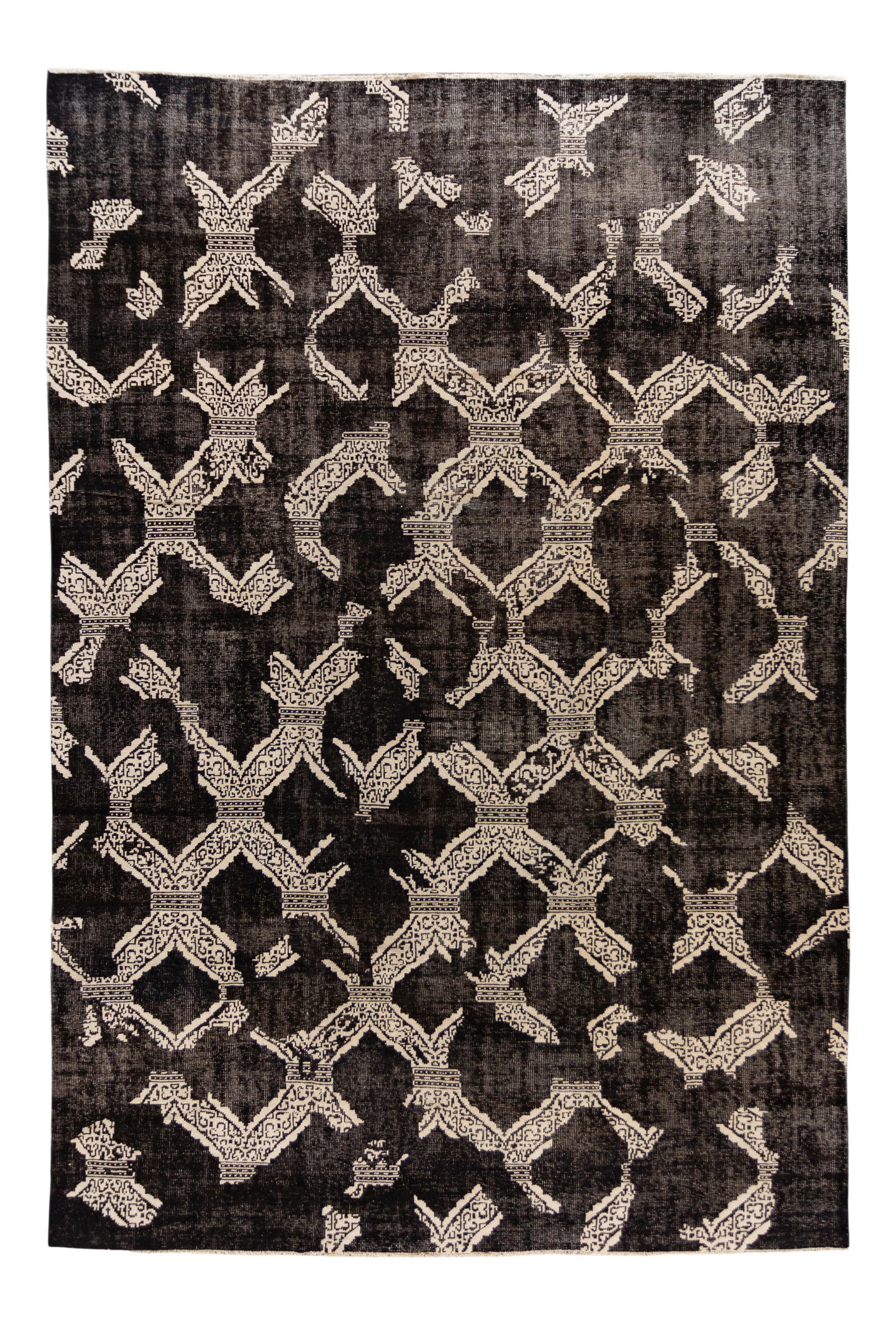 Vintage Mid-Century Handmade Black Wool Rug 12' x 18' Geometric Design: Vintage Mid-Century Handmade Black Wool Rug 12' x 18' Geometric Design This stunning Vintage Mid-Century-Style wool rug features a hand-knotted construction with a striking black field and elegant ivo