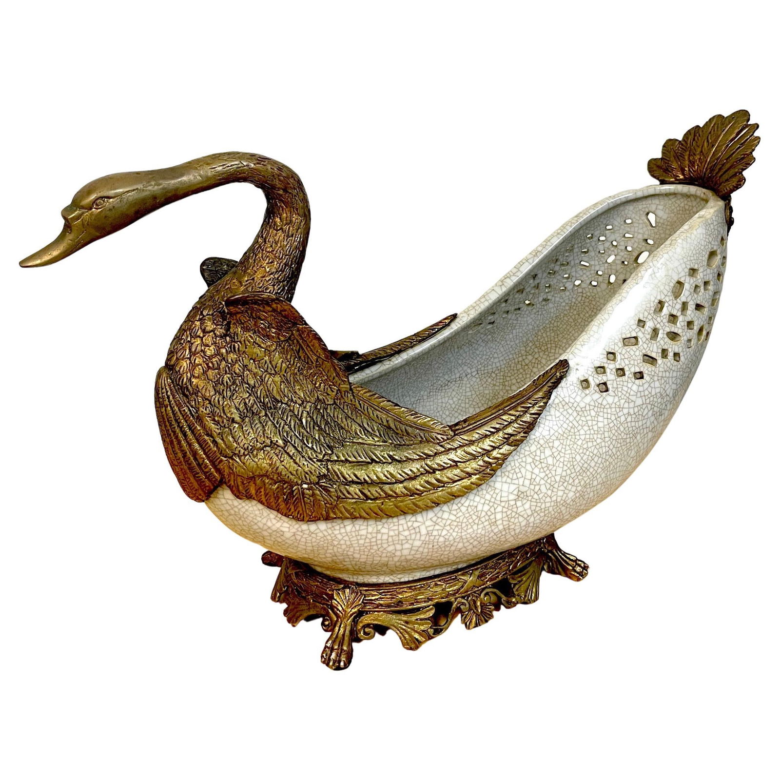 Neoclassical French Centerpiece Patinated Bronze Crackle Glaze 12x18: Neoclassical French Centerpiece Patinated Bronze Crackle Glaze 12x18 This exquisite Neoclassical French Style centerpiece showcases a stunning combination of patinated bronze and crackle glaze porcela