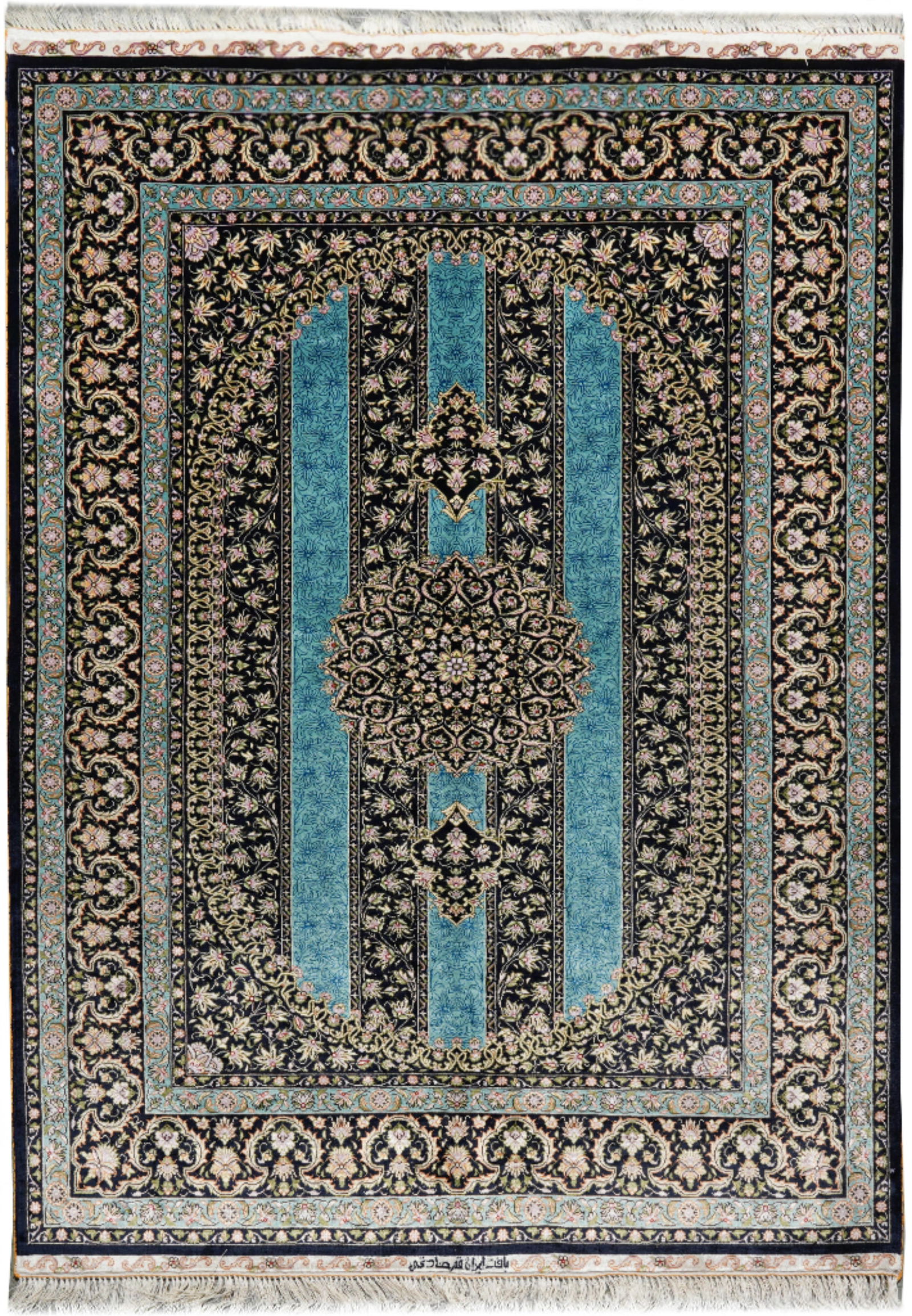 4 x 6 Hand-Knotted Silk Rug Turquoise and Black Elegant Artisan Design: 4 x 6 Hand-Knotted Silk Rug Turquoise and Black Elegant Artisan Design Free continental US Shipping This 4 x 6 hand-knotted rug is crafted from premium silk and features a striking contrast of turquoi