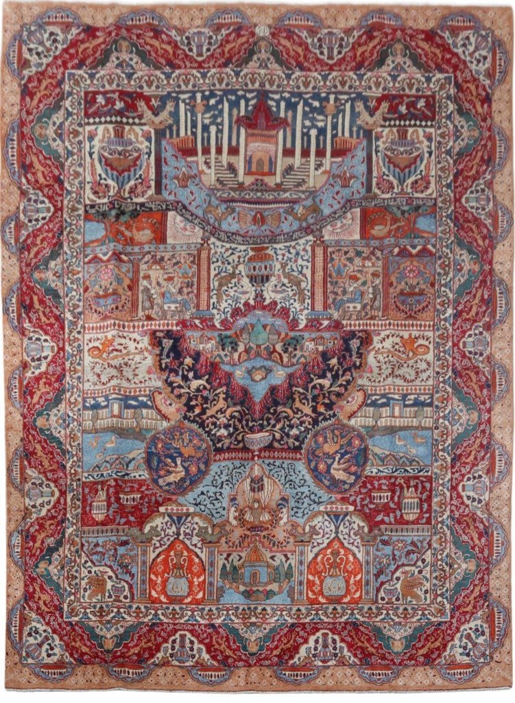 Unique Multi-Color Persian Kashmar Rug 9'10 x 12'11 Hand-Signed Animals: Unique Multi-Color Persian Kashmar Rug 9'10 x 12'11 Hand-Signed Animals Free continental US Shipping Discover the beauty of this handcrafted Kashmar rug, measuring 9' 10" x 12' 11". This exquisite pie