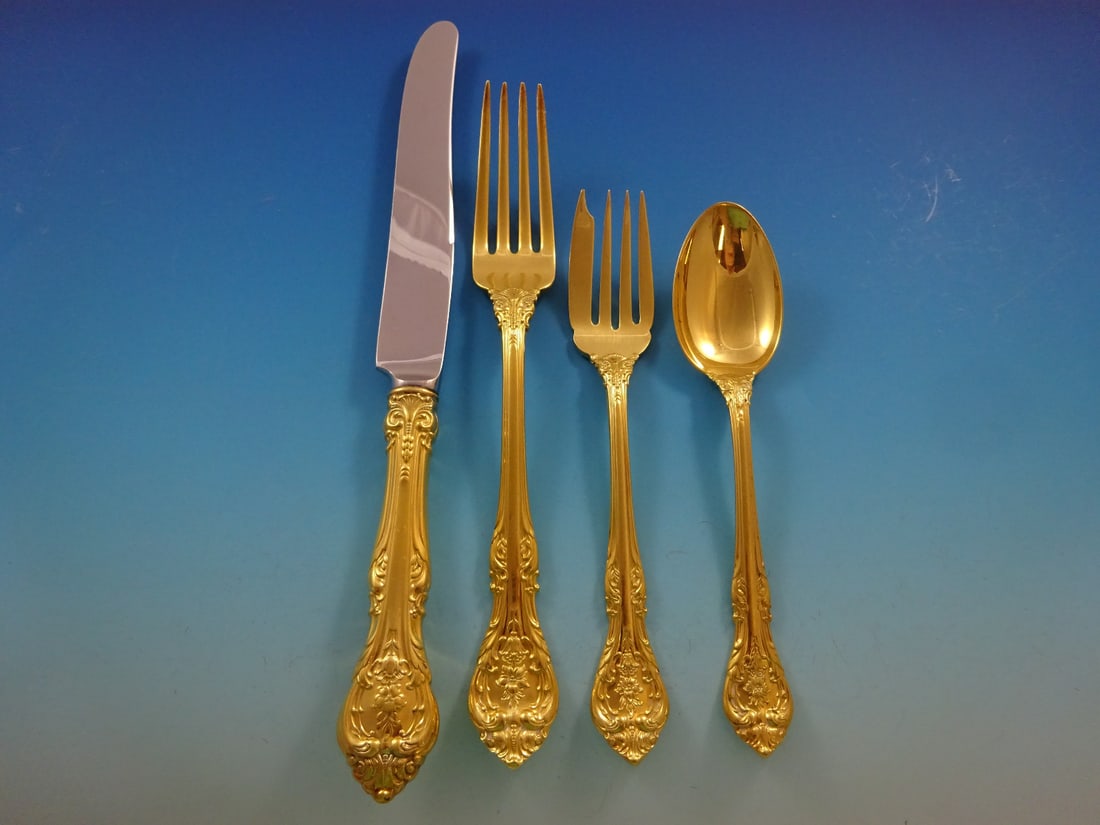 Gorham King Edward Sterling Silver Flatware Set 34 Pcs Vermeil for 8 with Storage Chest: Gorham King Edward Sterling Silver Flatware Set 34 Pcs Vermeil for 8 with Storage Chest Elevate your dining experience with the King Edward Sterling Silver Flatware Set by Gorham, featuring a stunning