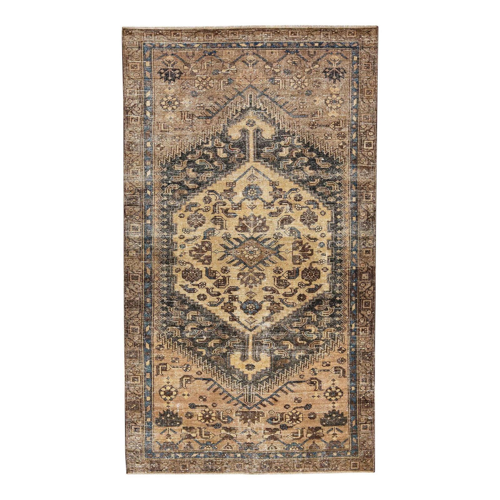 Vintage Persian Wool Rug Distressed Medallion Design Beige 3'10 x 6'10: Vintage Persian Wool Rug Distressed Medallion Design Beige 3'10 x 6'10 This stunning vintage Persian rug showcases a distressed, hand-knotted design with a warm beige color field. Accented with a rich