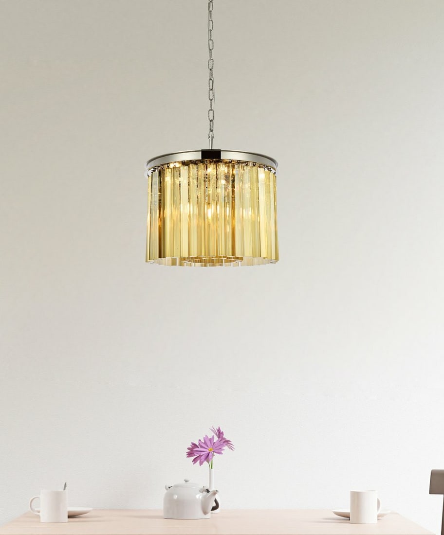 Sydney 6-Light Polished Nickel Chandelier with Golden Teak Crystals 20": Sydney 6-Light Polished Nickel Chandelier with Golden Teak Crystals 20" Illuminate your space with the exquisite Sydney 6-Light Chandelier, a stunning blend of modern design and luxurious materials. F