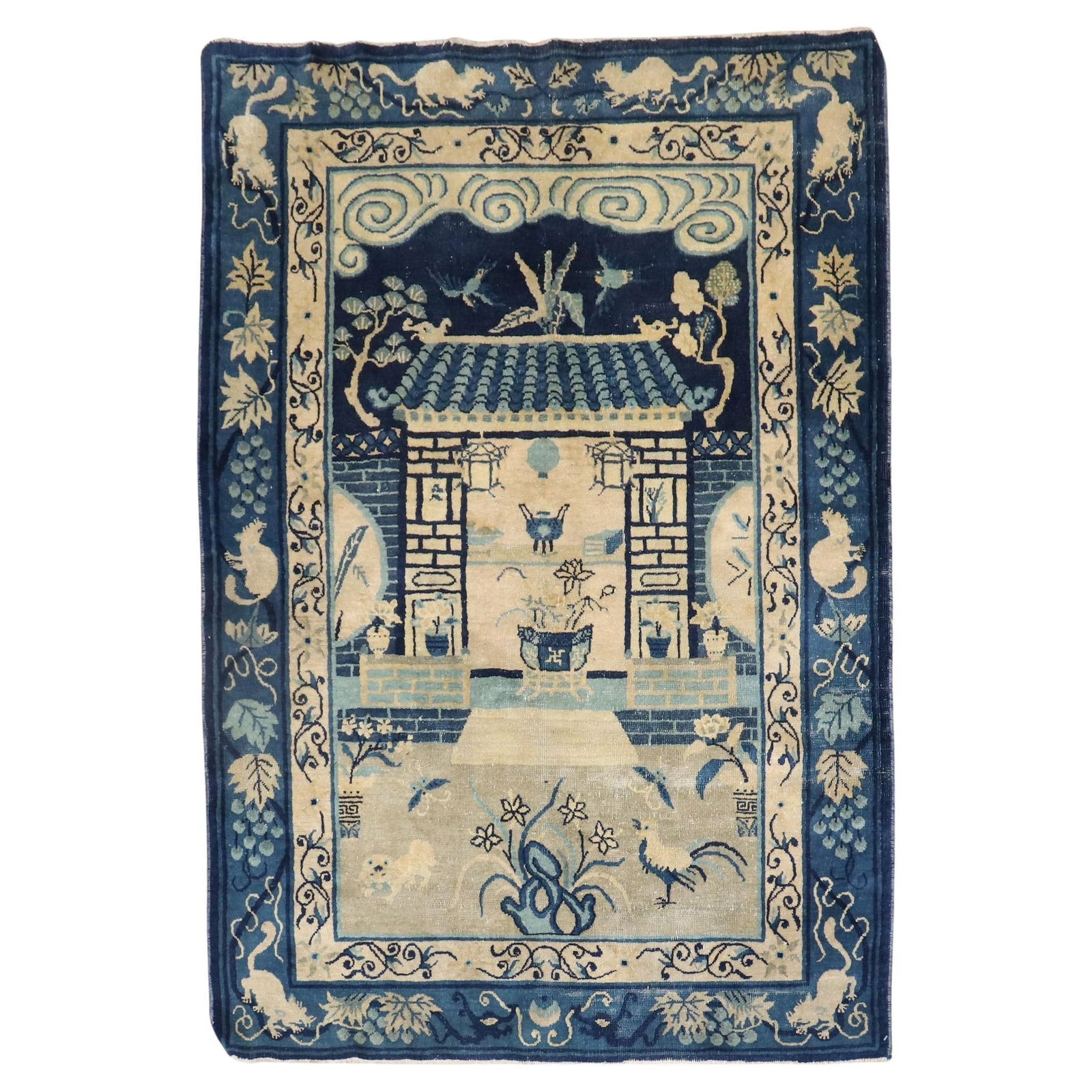 Zabihi Collection Antique Chinese Rug Tan Blue 49 x 69 Hand-Knotted (1 of 12)