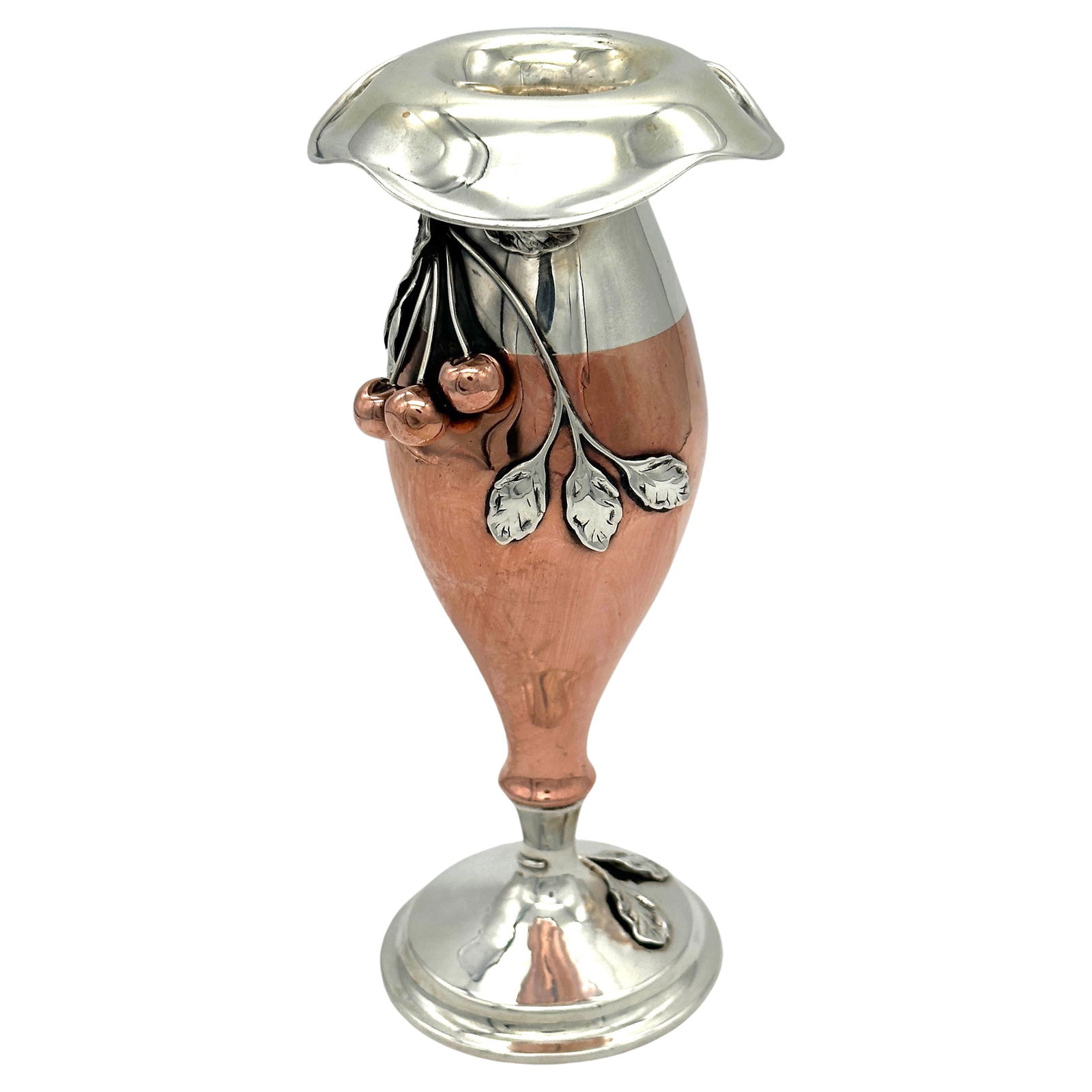 Art Nouveau La Pierre Mixed Metal Copper Sterling Cherry Vase 1900: Art Nouveau La Pierre Mixed Metal Copper Sterling Cherry Vase 1900 Indulge in the exquisite beauty of American Art Nouveau with this stunning Mixed Metal Copper & Sterling Cherry Motif Vase, attribute