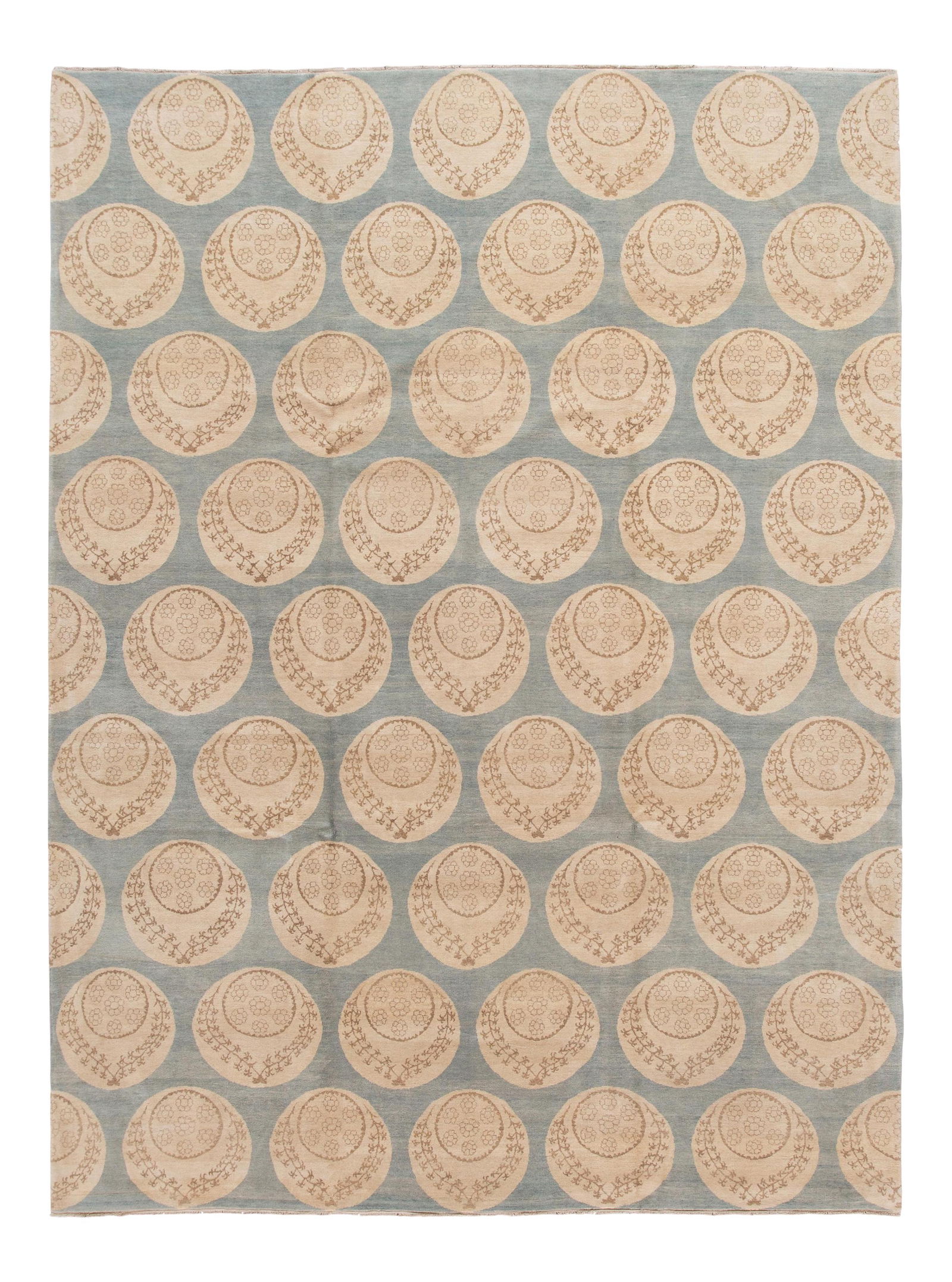 Modern Tibetan Handmade Wool Rug Blue Multi-Circle Design 8'11 x 11'11: Modern Tibetan Handmade Wool Rug Blue Multi-Circle Design 8'11 x 11'11 Enhance your space with this stunning Modern Tibetan handmade wool rug, featuring a vibrant blue field adorned with elegant beige