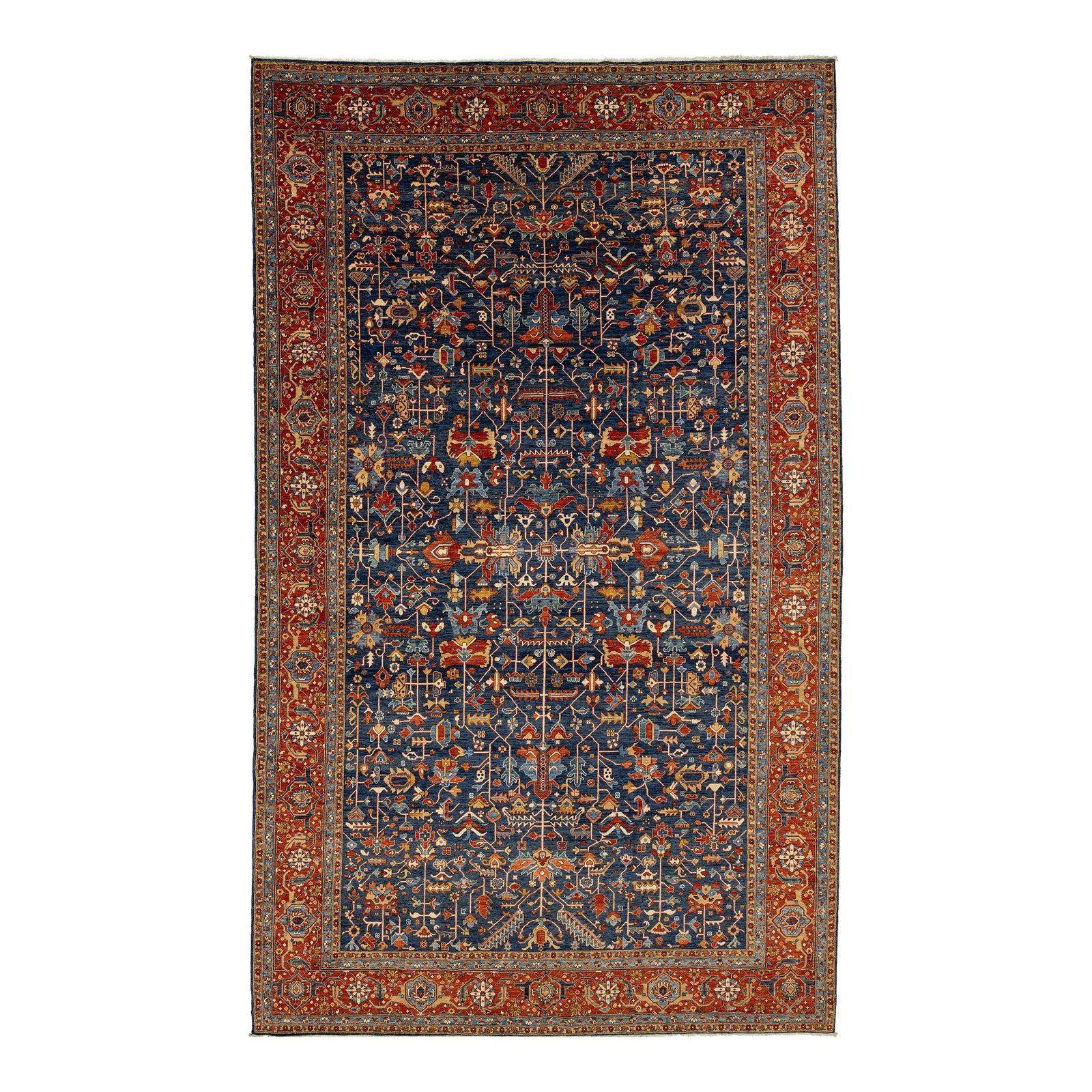 Oversized Wool Rug Navy Blue Floral Serapi Style 11'9 x 19'7: Oversized Wool Rug Navy Blue Floral Serapi Style 11'9 x 19'7 Transform your living space with this stunning oversized rug that reinterprets the classic Serapi style. Crafted from high-quality wool, it