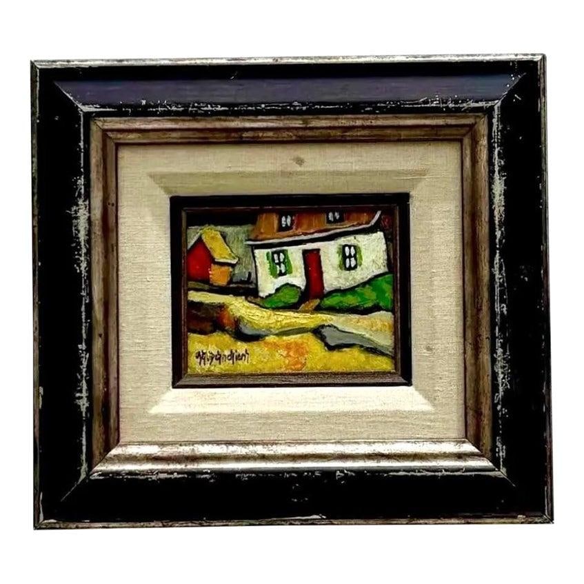 Charming Vintage Boho Cottage Painting with Distressed Frame: Charming Vintage Boho Cottage Painting with Distressed Frame This charming vintage Boho cottage painting features a rustic aesthetic with a white facade, red roof, and door, beautifully surrounded by