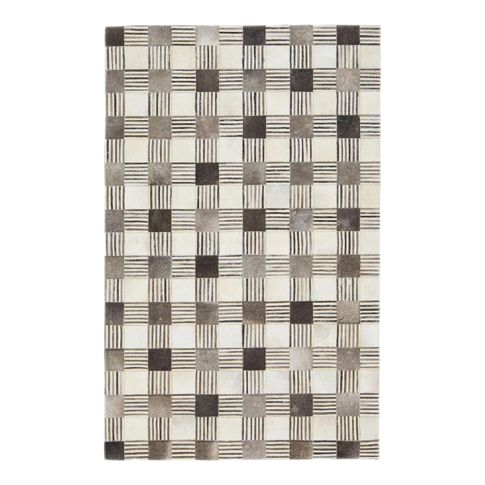 Contemporary Geometric Leather Wool Patch Rug 5' x 8': Contemporary Geometric Leather Wool Patch Rug 5' x 8' Elevate your space with this contemporary leather and wool patch rug, showcasing a striking geometric design in earthy tones of beige, gray, and b