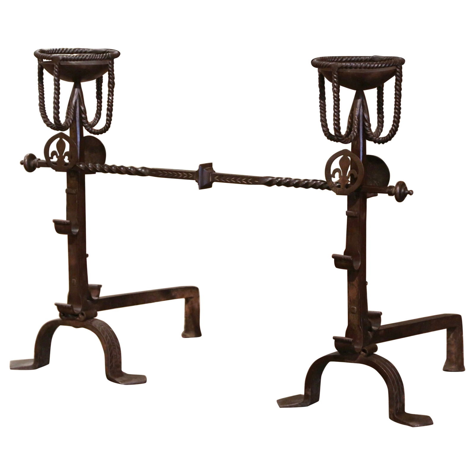 19th Century Gothic French Wrought Iron Andirons Set with Fleur de Lys (1 of 7)