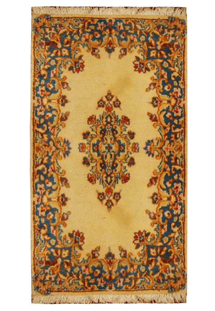 Hand-knotted Persian Kerman Rug 2' x 4' Beige Wool Area Rug: Hand-knotted Persian Kerman Rug 2' x 4' Beige Wool Area Rug Free continental US Shipping Enhance your living space with this exquisite 2' x 4' Beige Persian Kerman Rug, handcrafted in the historic cit