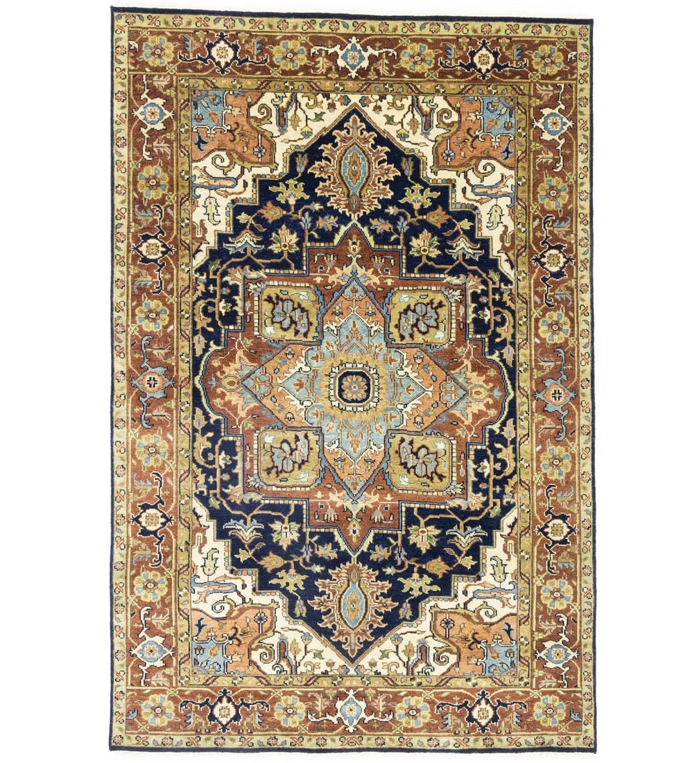 Handmade Wool Heriz Serapi Area Rug 6x9 Geometric Modern Tribal Design: Handmade Wool Heriz Serapi Area Rug 6x9 Geometric Modern Tribal Design This handmade Heriz Serapi area rug features a geometric tribal pattern in dark navy, rust, beige, cream, peach, and blue-gray to