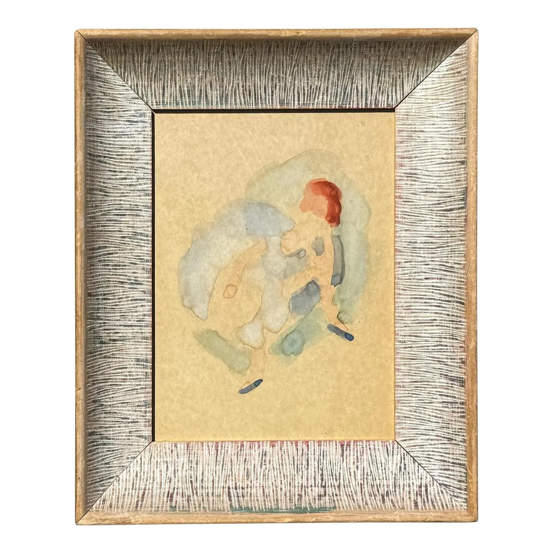 Vintage Framed Watercolor Abstract of Dancer in Blue-Green Tones: Vintage Framed Watercolor Abstract of Dancer in Blue-Green Tones Experience the delicate beauty of this vintage boho abstract watercolor painting, which beautifully captures the essence of a red-haire