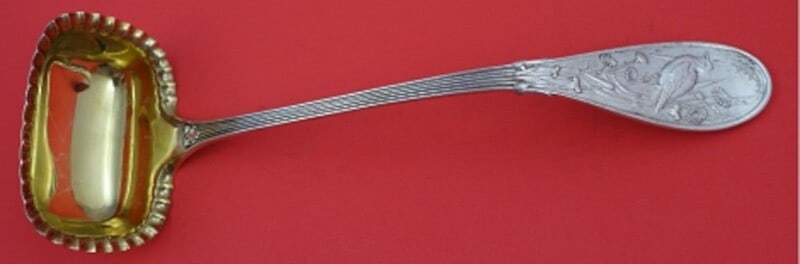 Tiffany & Co Japanese Sterling Oyster Ladle Pie Crust Edge Yellow Gold Wash 10.5": Tiffany & Co Japanese Sterling Oyster Ladle Pie Crust Edge Yellow Gold Wash 10.5" This exquisite ladle, crafted by Tiffany & Co. in the iconic Japanese pattern, showcases a beautiful pie crust edge an