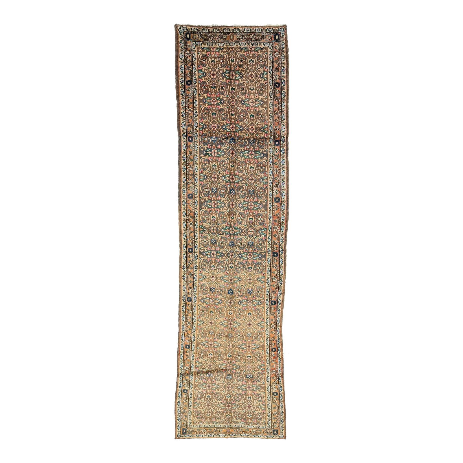 Vintage Hamadan Wool Rug Light Brown with Pink Orange Blue Accents 3'2 x 12': Vintage Hamadan Wool Rug Light Brown with Pink Orange Blue Accents 3'2 x 12' Enhance your living space with this exquisite Vintage Hamadan wool rug. Featuring an intricate allover motif in a warm ligh