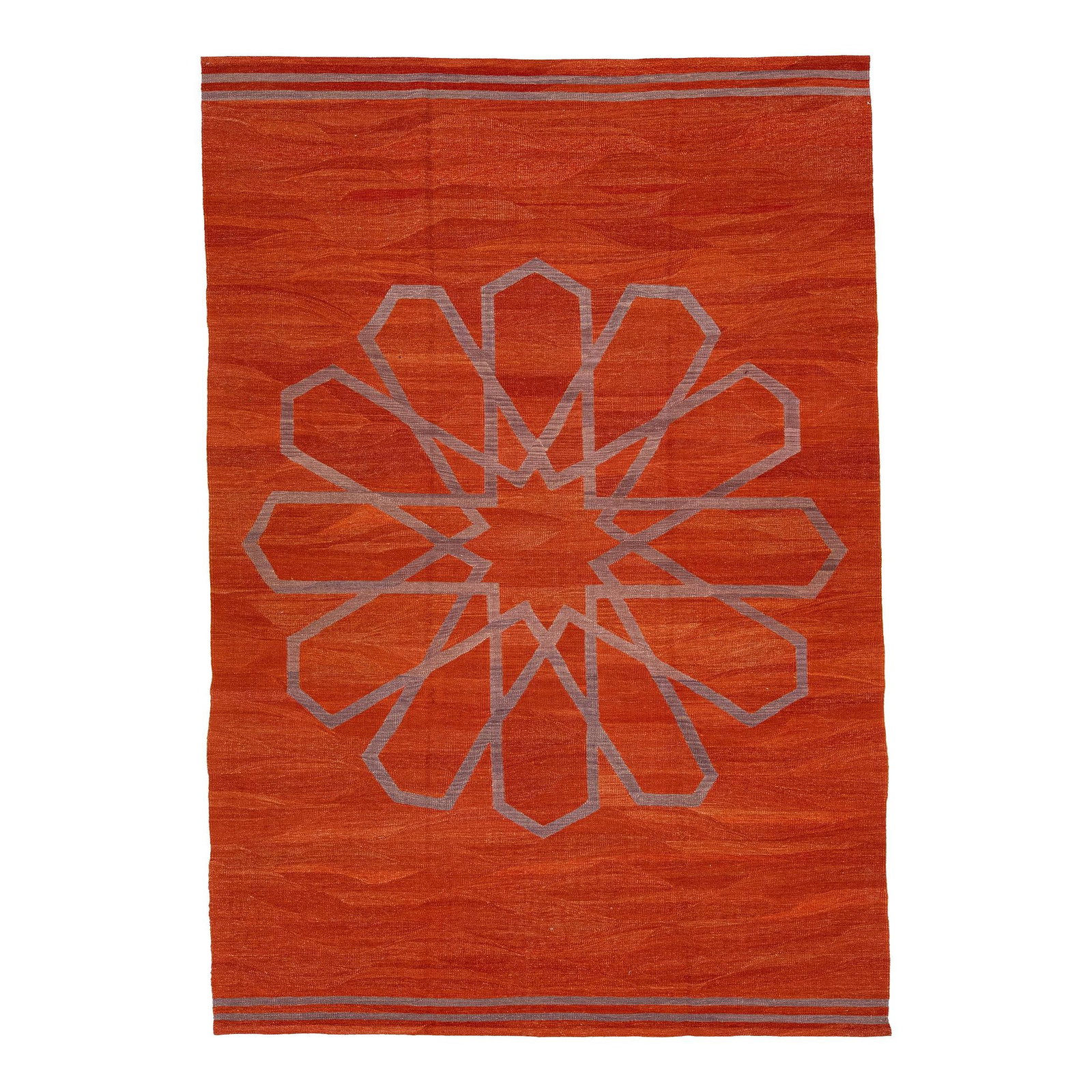 Modern Kilim Handmade Wool Rug Rust Geometric Design 6'9 x 9'10: Modern Kilim Handmade Wool Rug Rust Geometric Design 6'9 x 9'10 Enhance your space with this stunning Modern Kilim handmade wool rug featuring a vibrant rust color field. The rug showcases a captivati