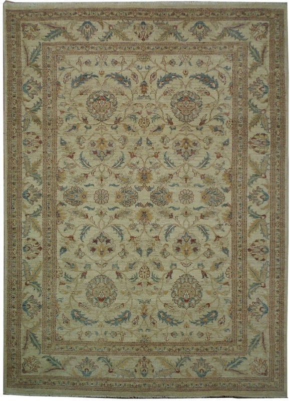 Handcrafted Beige Chobi Peshawar Rug 6'10 x 9'4 Area Rug: Handcrafted Beige Chobi Peshawar Rug 6'10 x 9'4 Area Rug Free continental US Shipping Enhance your living space with the luxurious 6' 10" x 9' 4" Beige Chobi Peshawar Rug, meticulously handcrafted by