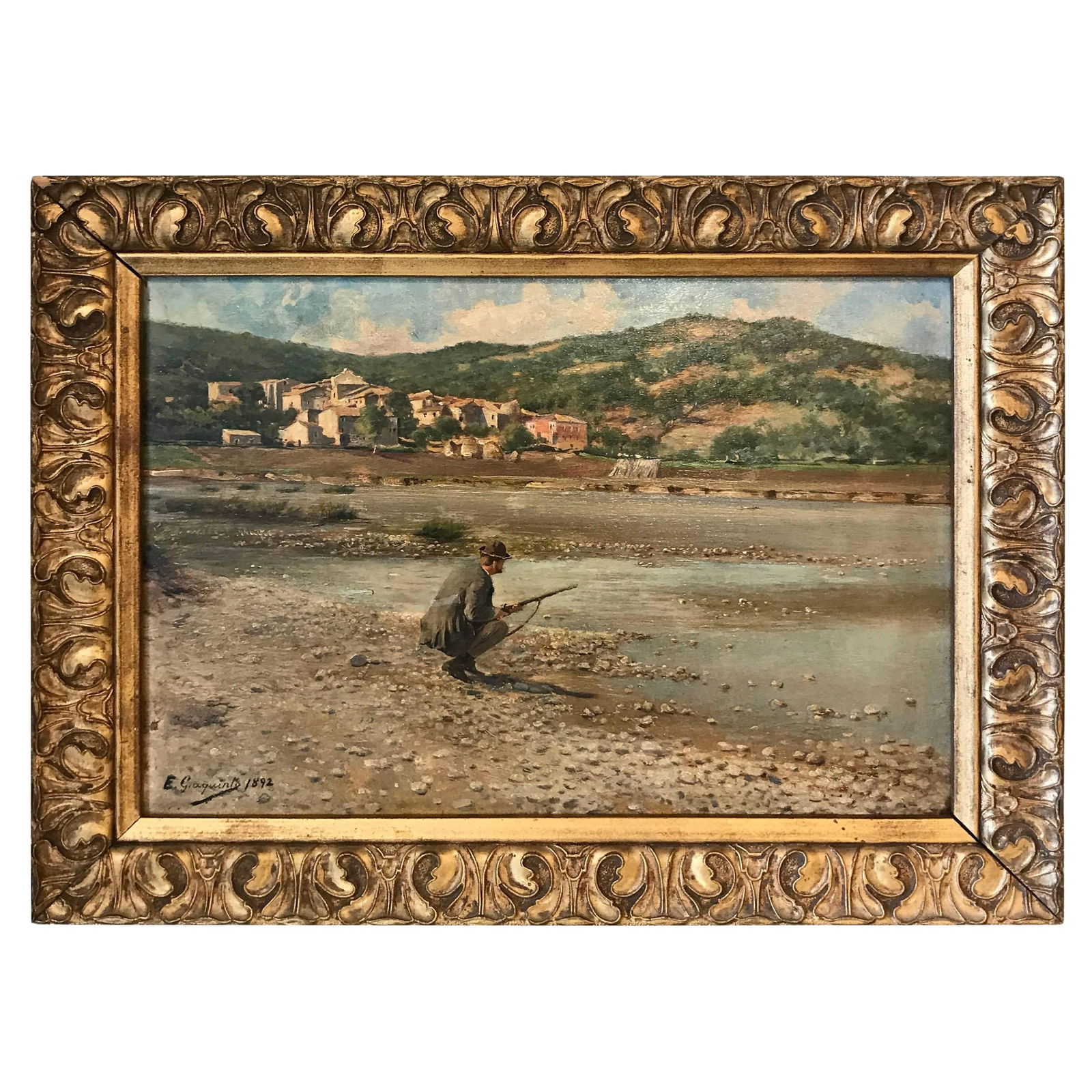 19th Century E.Gioquinto Spanish Sporting Painting 1892 in Giltwood Frame: 19th Century E.Gioquinto Spanish Sporting Painting 1892 in Giltwood Frame This exquisite 19th century Spanish sporting painting by E. Gioquinto, dated 1892, showcases a beautifully depicted hunter on