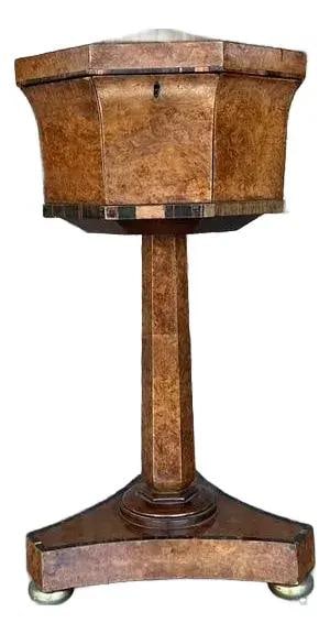 Antique Mid-19th Century Burl Wood Teapoy with Brass Feet: Antique Mid-19th Century Burl Wood Teapoy with Brass Feet Enhance your living space with this stunning vintage burl wood teapoy from the mid-19th century. This exquisite piece showcases a beautifully