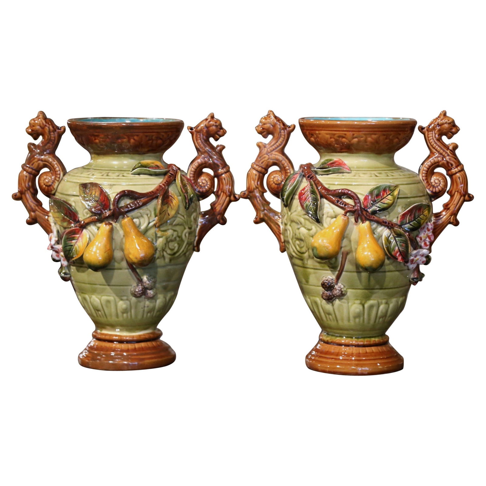 Set of 2 Antique French Hand-Painted Barbotine Vases with Fruit Motifs: Set of 2 Antique French Hand-Painted Barbotine Vases with Fruit Motifs Enhance your home decor with this exquisite pair of late 19th century French barbotine ceramic vases, each standing at 12 inches