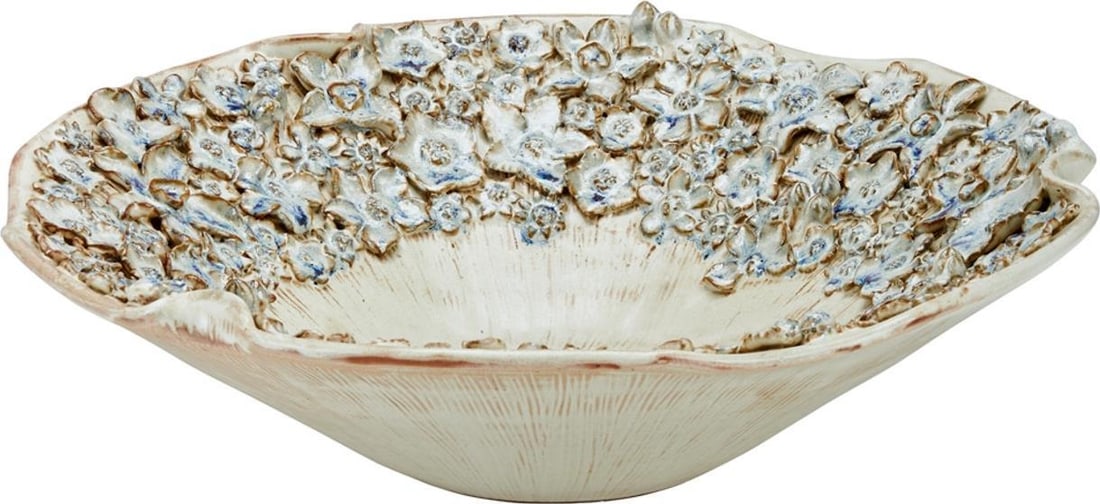 Handmade Cream Bowl with Barnacle Accent 6H x 18W x 18D: Handmade Cream Bowl with Barnacle Accent 6H x 18W x 18D Enhance your home decor with this artisanal cream bowl, a perfect blend of elegance and functionality. This handmade piece features a smooth cre