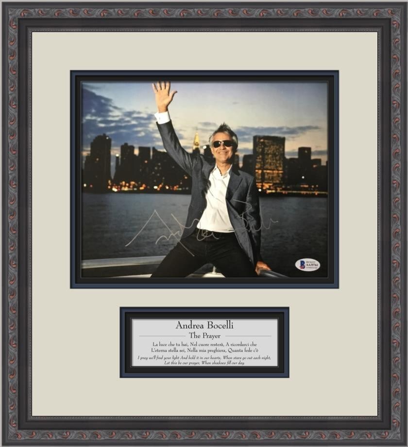 Andrea Bocelli Signed 8x10 Photo Custom Framed Beckett Certified: Andrea Bocelli Signed 8x10 Photo Custom Framed Beckett Certified This exquisite piece features a signed 8" x 10" color photograph of Andrea Bocelli, beautifully custom framed to a size of 14" x 16". T