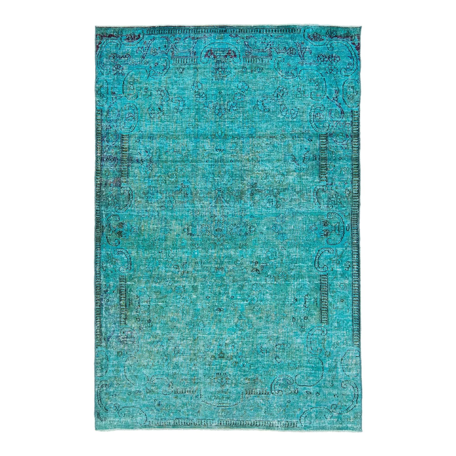 Vibrant Turquoise Persian Wool Rug Floral Pattern 3'9 x 5'9: Vibrant Turquoise Persian Wool Rug Floral Pattern 3'9 x 5'9 This vintage overdyed Persian wool rug showcases a stunning turquoise field adorned with charming gray floral accents, creating a captivatin
