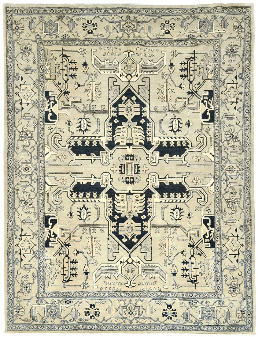 Vintage Tribal Greige Hand-Knotted Wool Area Rug 8x10: Vintage Tribal Greige Hand-Knotted Wool Area Rug 8x10 Enhance your space with this Vintage Style Greige Tribal 8X10 Serapi Oriental Rug. Hand-knotted in India, this exquisite area rug features a beaut