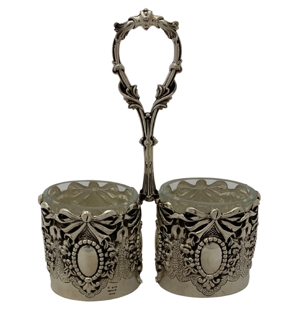 Topazio Handmade 925 Sterling Silver Double Salt Holder with Glass Insert: Topazio Handmade 925 Sterling Silver Double Salt Holder with Glass Insert This exquisite double salt holder is crafted from fine (.925) sterling silver and features a stunning handmade ornate swirl de