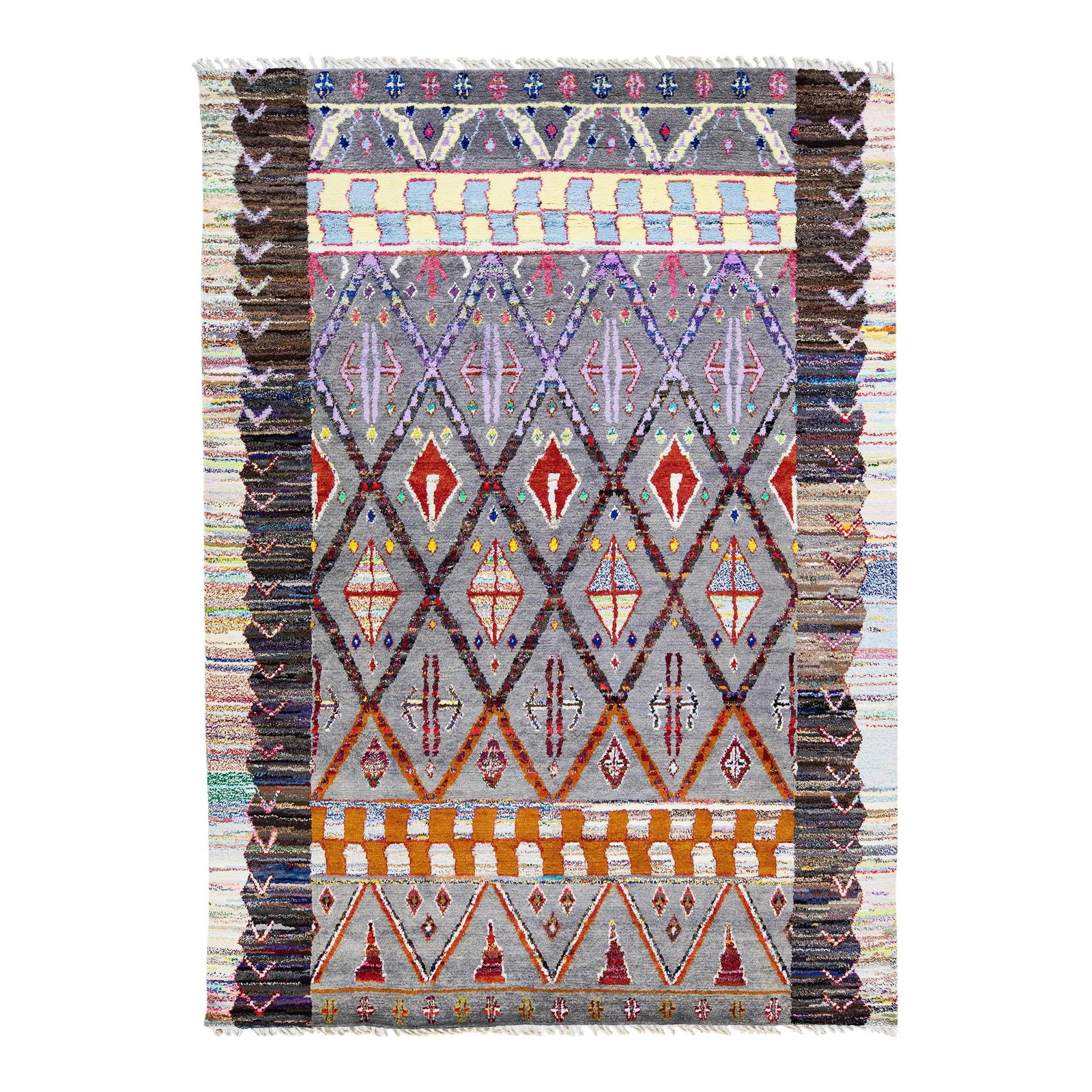 Handmade Gray Wool Rug with Multicolor Tribal Design 8'10 x 12'1: Handmade Gray Wool Rug with Multicolor Tribal Design 8'10 x 12'1 Enhance your living space with this beautiful modern Moroccan style hand-knotted wool rug. Featuring a chic gray field, this rug showca