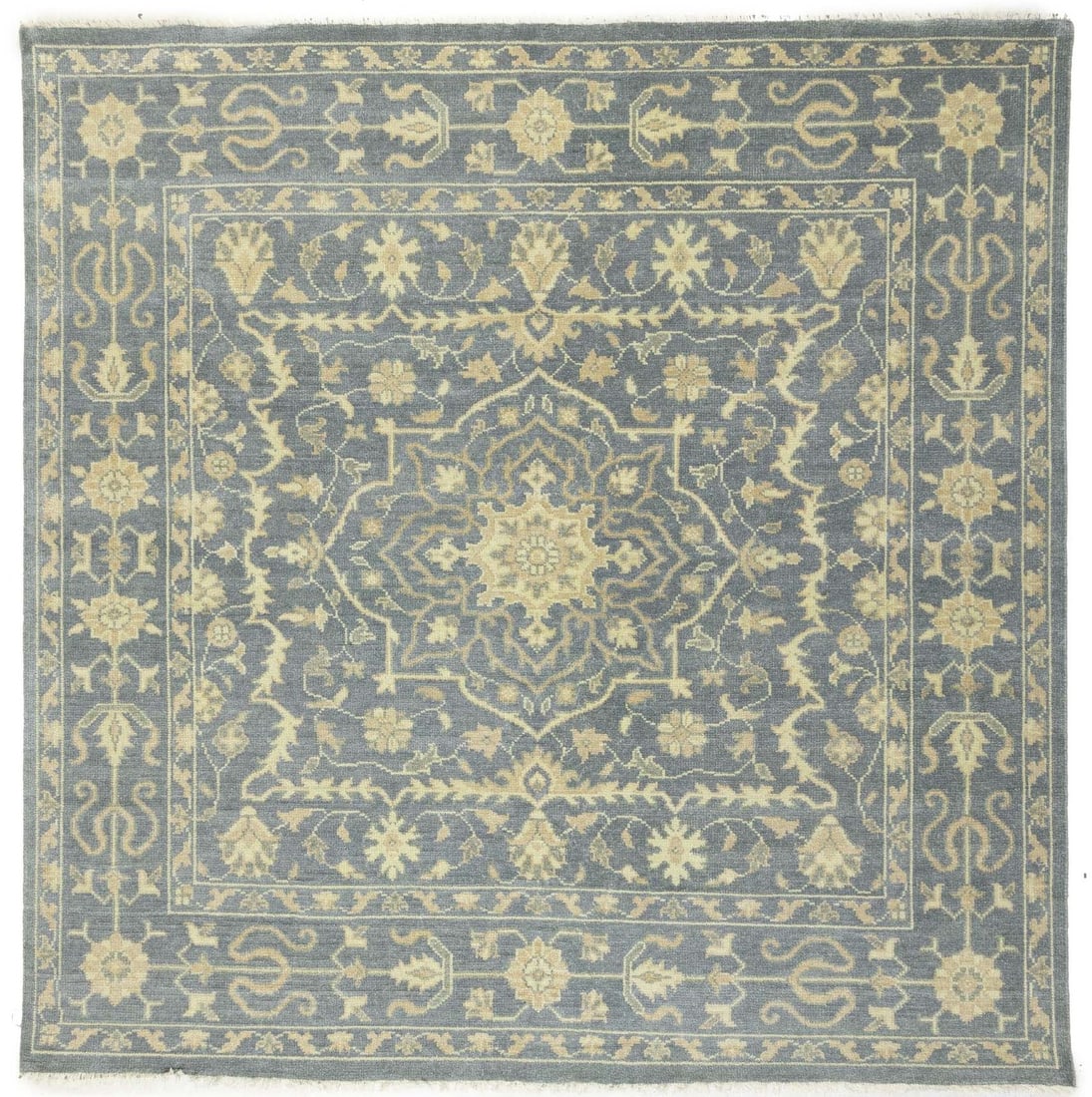 Hand-Knotted Floral 8' Square Wool Area Rug Transitional Style: Hand-Knotted Floral 8' Square Wool Area Rug Transitional Style Enhance your living space with this exquisite square hand-knotted Oriental rug. Featuring a beautiful floral pattern in muted colors such