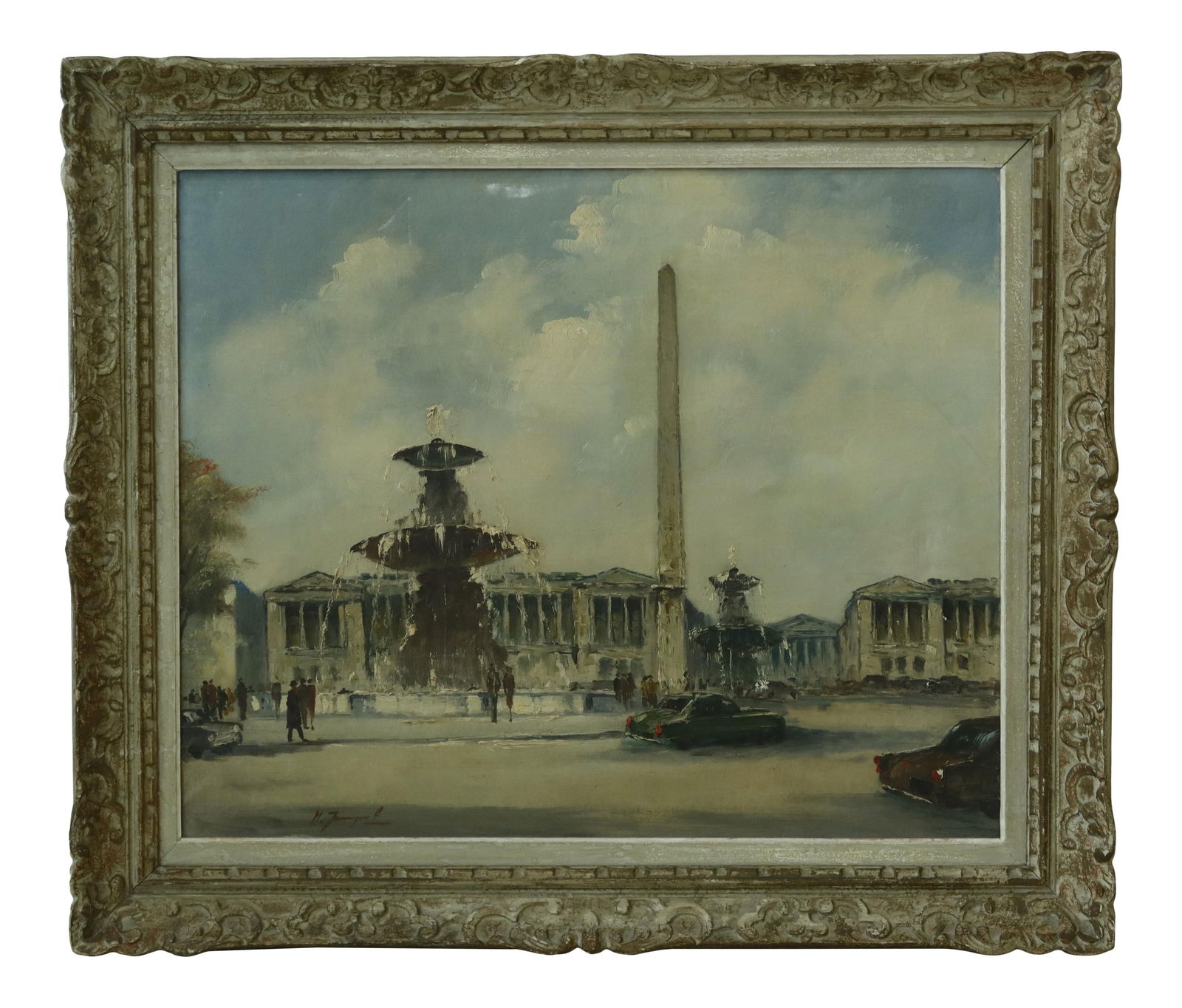 Vintage Parisian Fountain Framed Oil Painting by M. Janpol 125 Years Old: Vintage Parisian Fountain Framed Oil Painting by M. Janpol 125 Years Old This exquisite framed oil painting depicts a Parisian fountain, showcasing the artistry of M. Janpol. Approximately 125 years o
