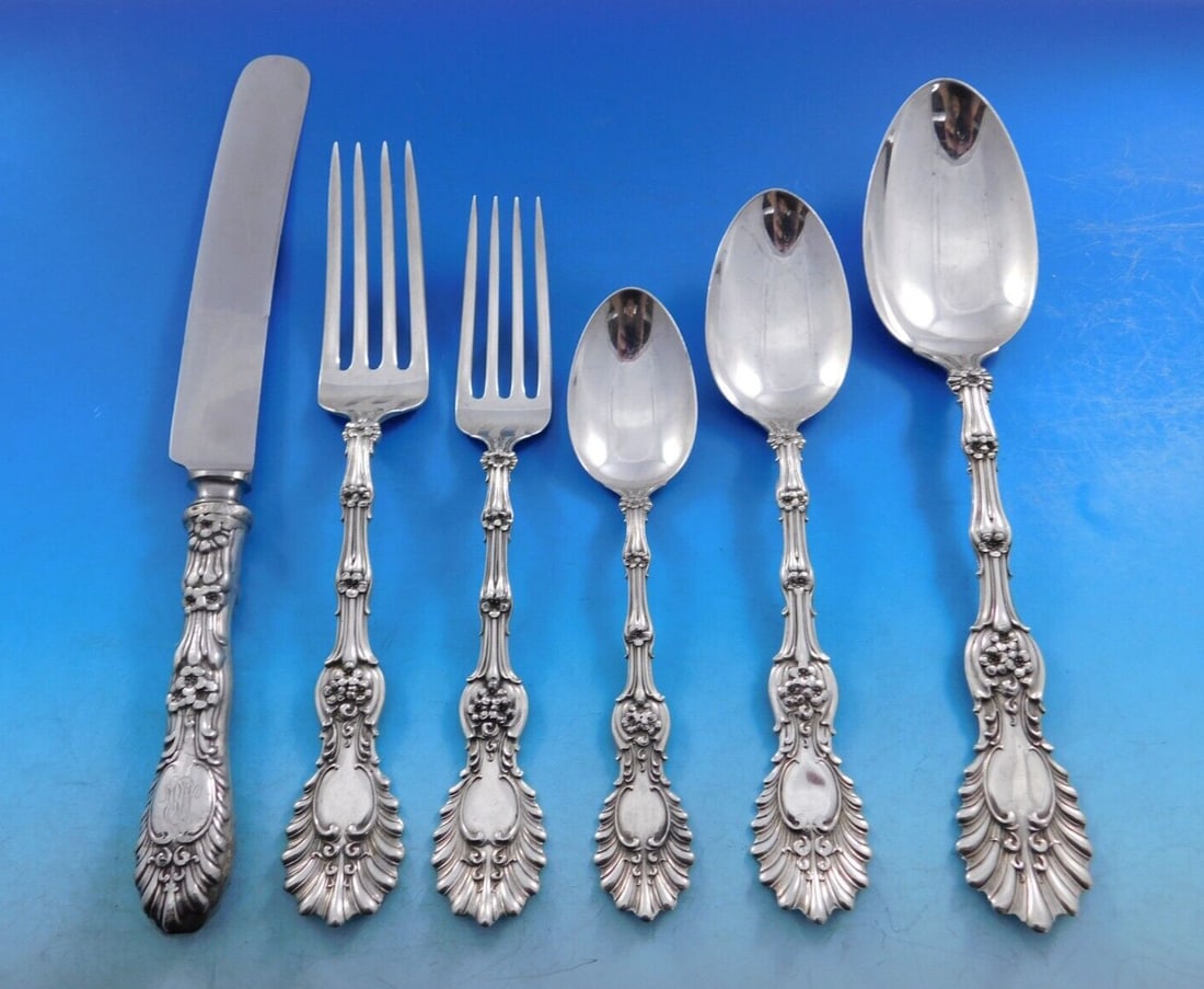 Whiting Radiant Sterling Silver Flatware Set 53 Pieces for 8 with Storage Chest: Whiting Radiant Sterling Silver Flatware Set 53 Pieces for 8 with Storage Chest Discover the exquisite Radiant Sterling Silver Flatware Set by Whiting Manufacturing Company, crafted between 1850-1899.