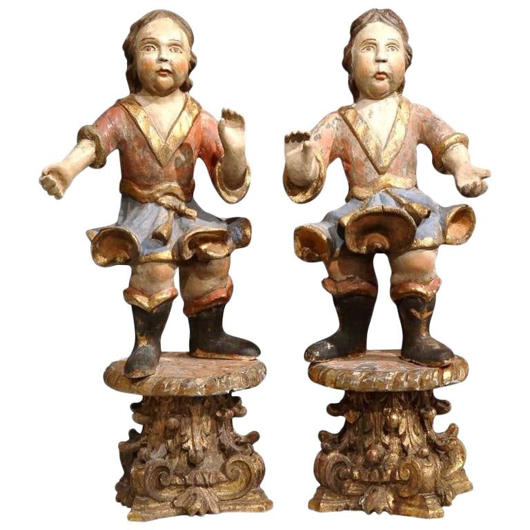 Set of 2 18th Century Italian Carved Polychrome Cherub Sculptures on Gilt Bases (1 of 6)