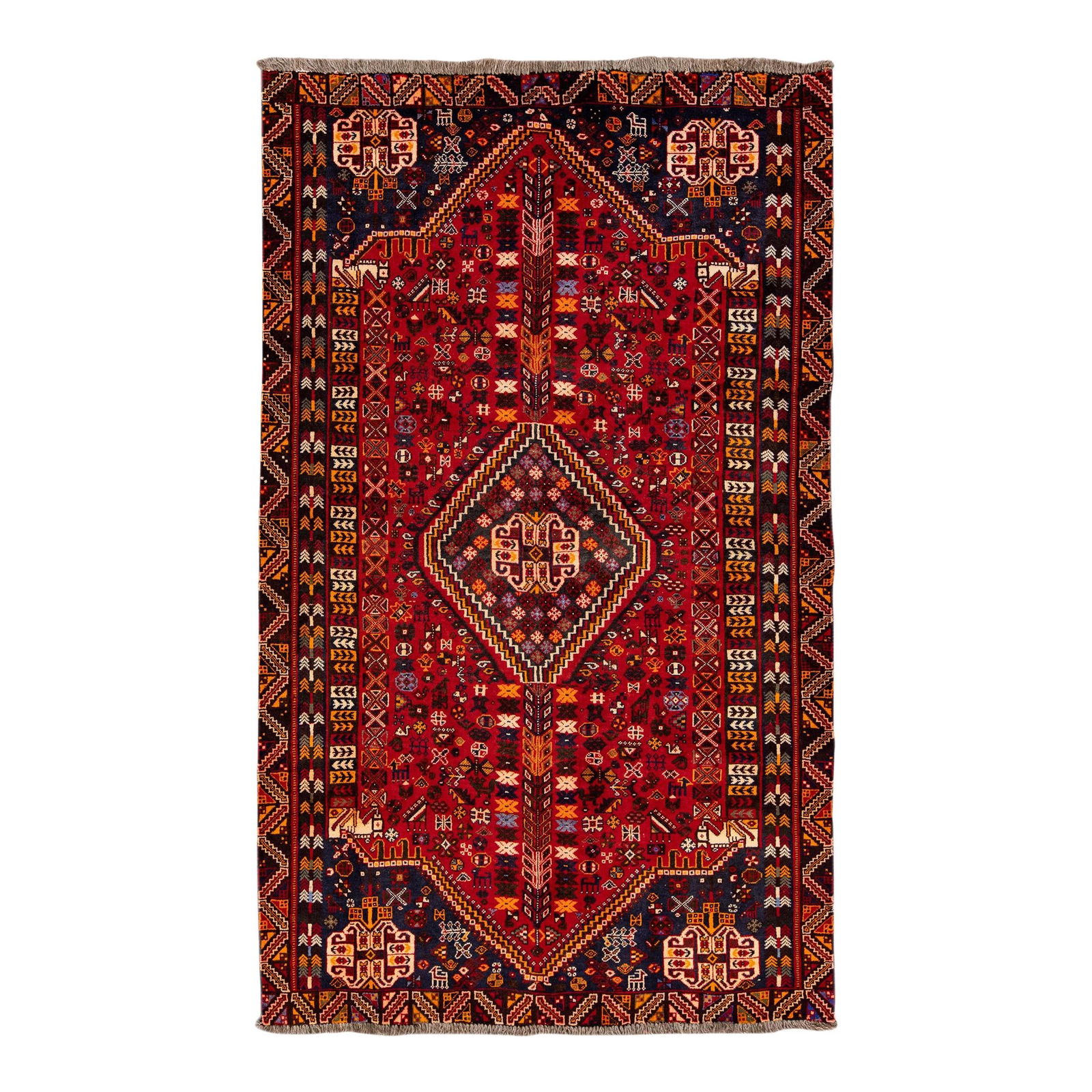 Vintage Handmade Shiraz Red Medallion Wool Rug 5'2" x 10'5": Vintage Handmade Shiraz Red Medallion Wool Rug 5'2" x 10'5" Enhance your living space with this stunning Vintage Handmade Shiraz Red Medallion Wool Rug. This exquisite piece features a vibrant red fie