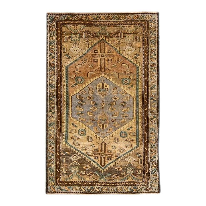 Vintage Persian Handmade Wool Medallion Rug Beige 3'3 x 5'2: Vintage Persian Handmade Wool Medallion Rug Beige 3'3 x 5'2 Discover the charm of this vintage Persian distressed hand-knotted wool rug. Featuring a warm beige color field complemented by a striking b