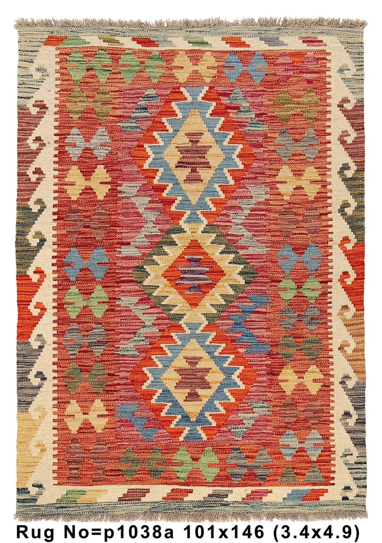 Handmade 3.4 x 4.9 Coral Kilim Wool Area Rug from Pakistan (1 of 9)