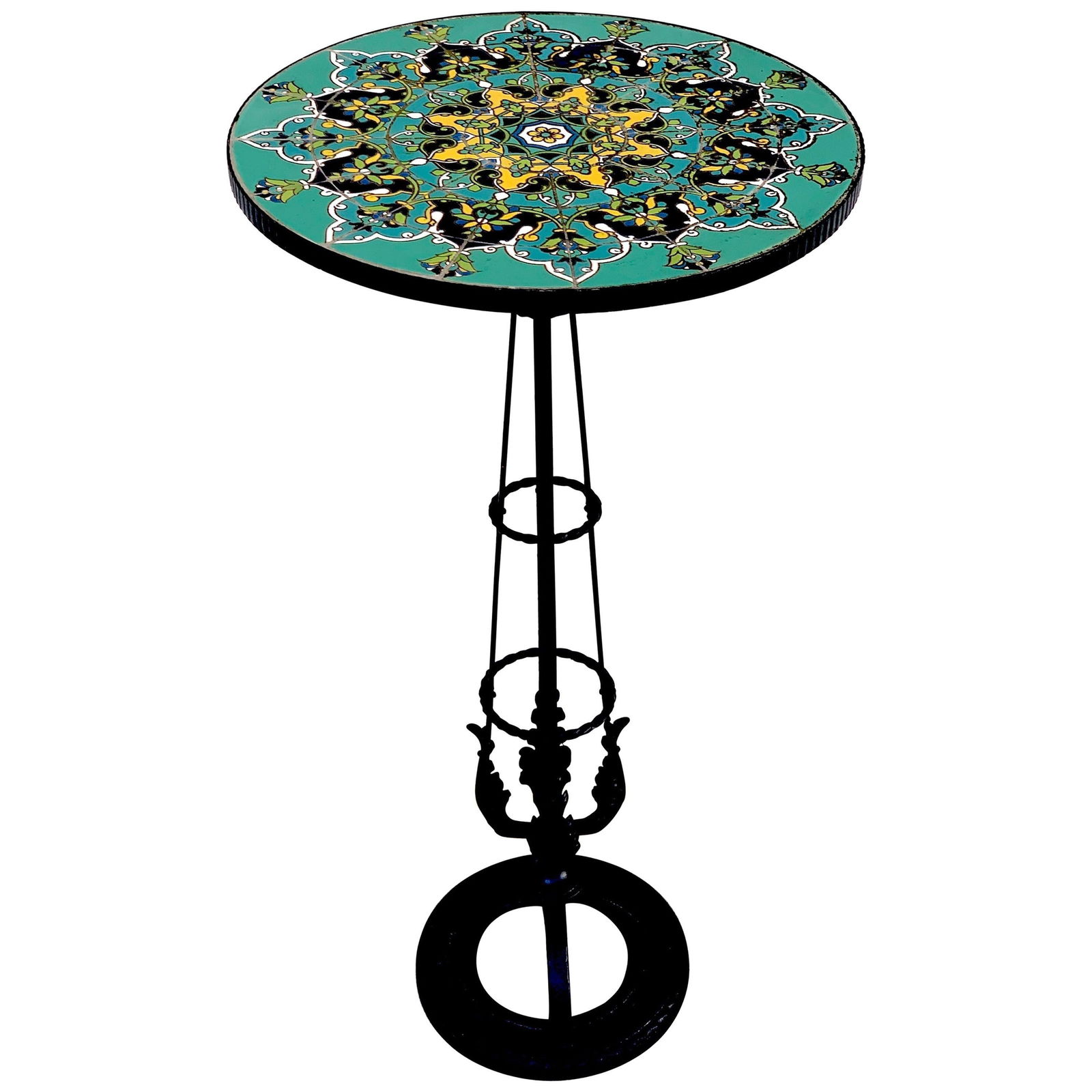 French Art Deco 1930s Turquoise Tile Wrought Iron Pedestal Table: French Art Deco 1930s Turquoise Tile Wrought Iron Pedestal Table This stunning French Art Deco pedestal table features a vibrant turquoise tile top and a beautifully crafted wrought iron base. The cir