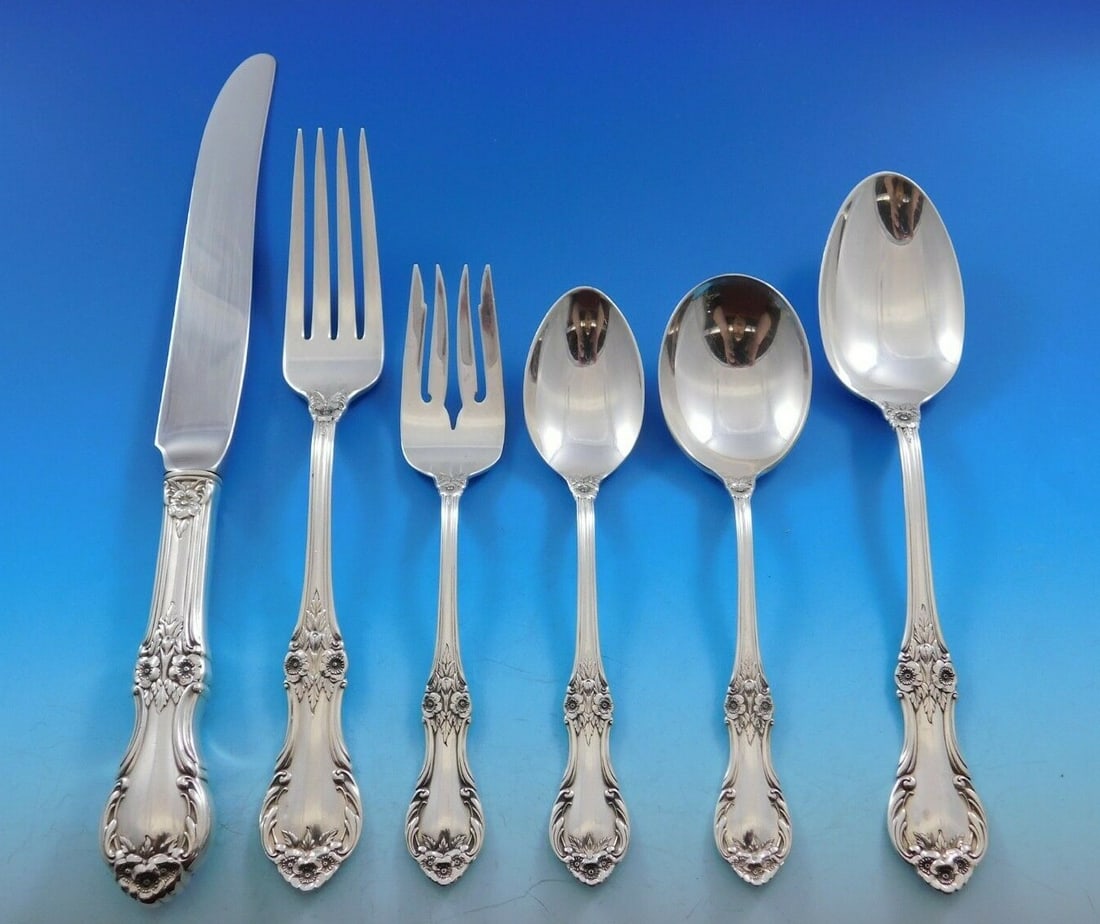 Victorian Wild Rose Sterling Silver Flatware Set 79 pcs by International Silver: Victorian Wild Rose Sterling Silver Flatware Set 79 pcs by International Silver Enhance your dining experience with the exquisite Wild Rose Sterling Silver Flatware Set. This 79-piece set, crafted by