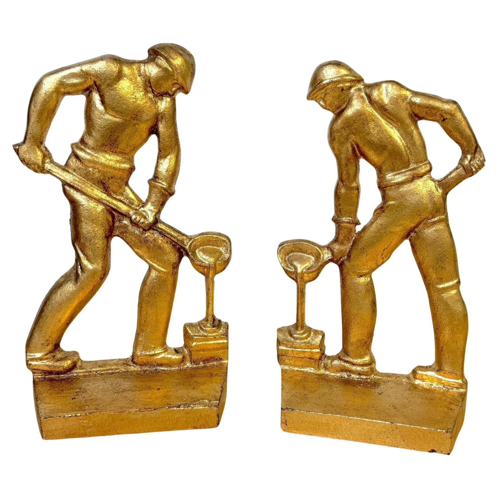 Art Deco Gilt Iron Bookends Set of 2 Signed NMF 1936: Art Deco Gilt Iron Bookends Set of 2 Signed NMF 1936 This pair of Art Deco gilt iron bookends, crafted in 1936 during the WPA era, showcases a striking and rare design. Each bookend features a detaile