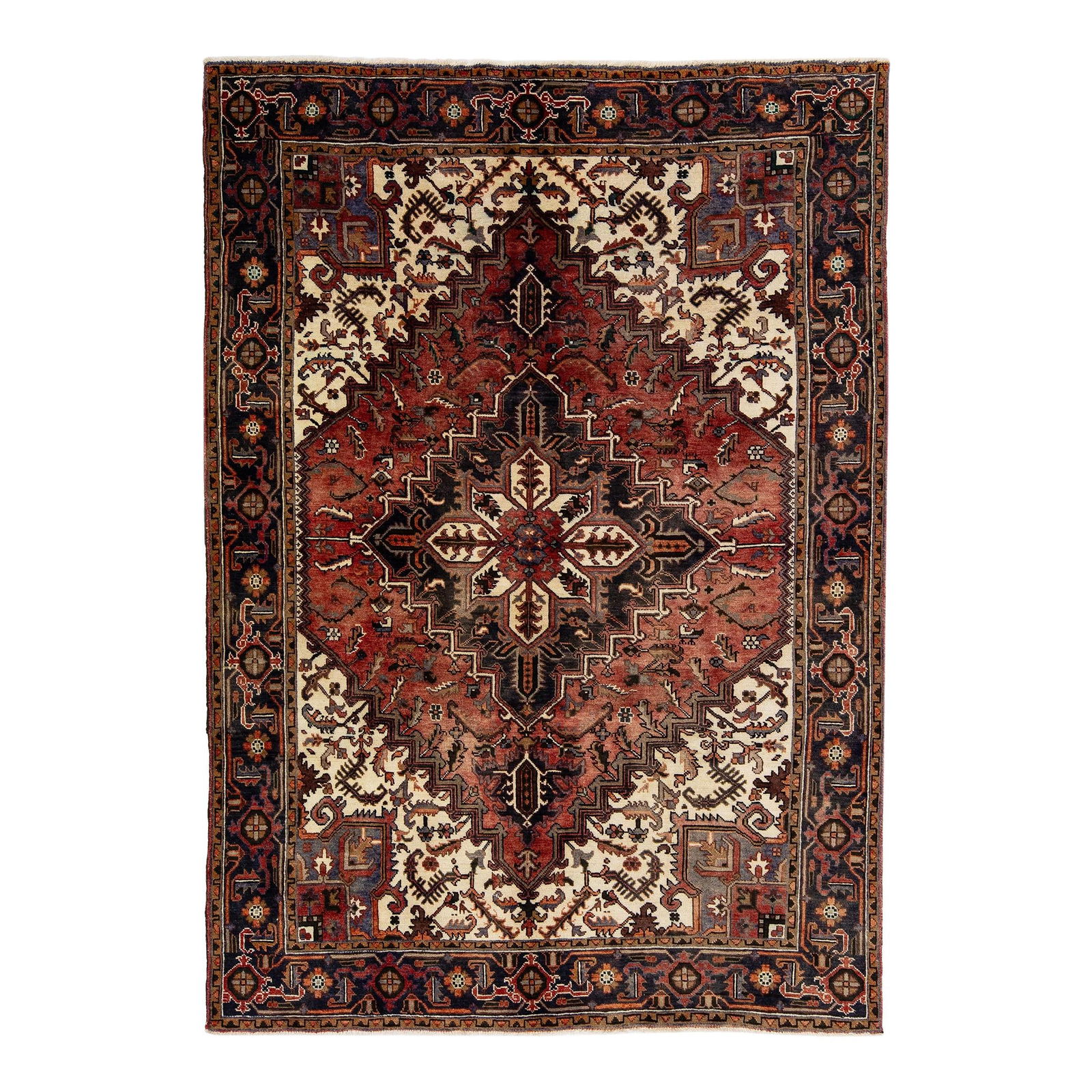 1960s Persian Heriz Handmade Red Wool Rug 6'8 x 9'5 Medallion Design: 1960s Persian Heriz Handmade Red Wool Rug 6'8 x 9'5 Medallion Design This exquisite vintage Persian Heriz rug showcases a stunning all-over medallion design, characterized by its rich red color field