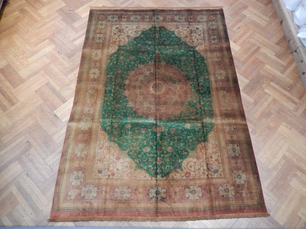 8 x 11 Green Silk Qom Rug Signed Vintage Persian: 8 x 11 Green Silk Qom Rug Signed Vintage Persian Free continental US Shipping This exquisite 8.0 x 11 Overdyed Green Silk Qom Rug is a remarkable piece of Persian craftsmanship that has been signed by