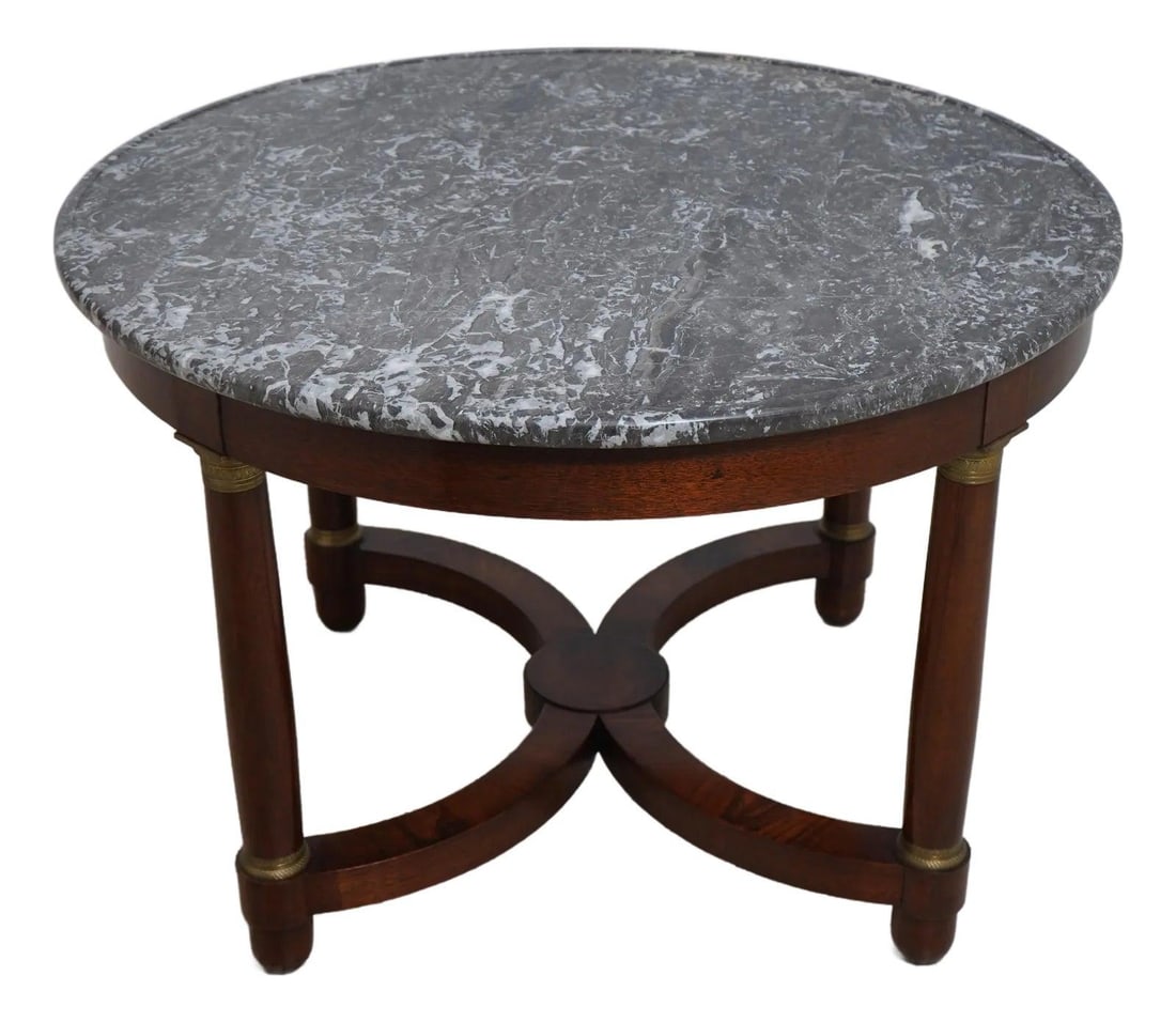 Vintage French Empire Round Table Mahogany Base Marble Top Brass Accents (1 of 10)
